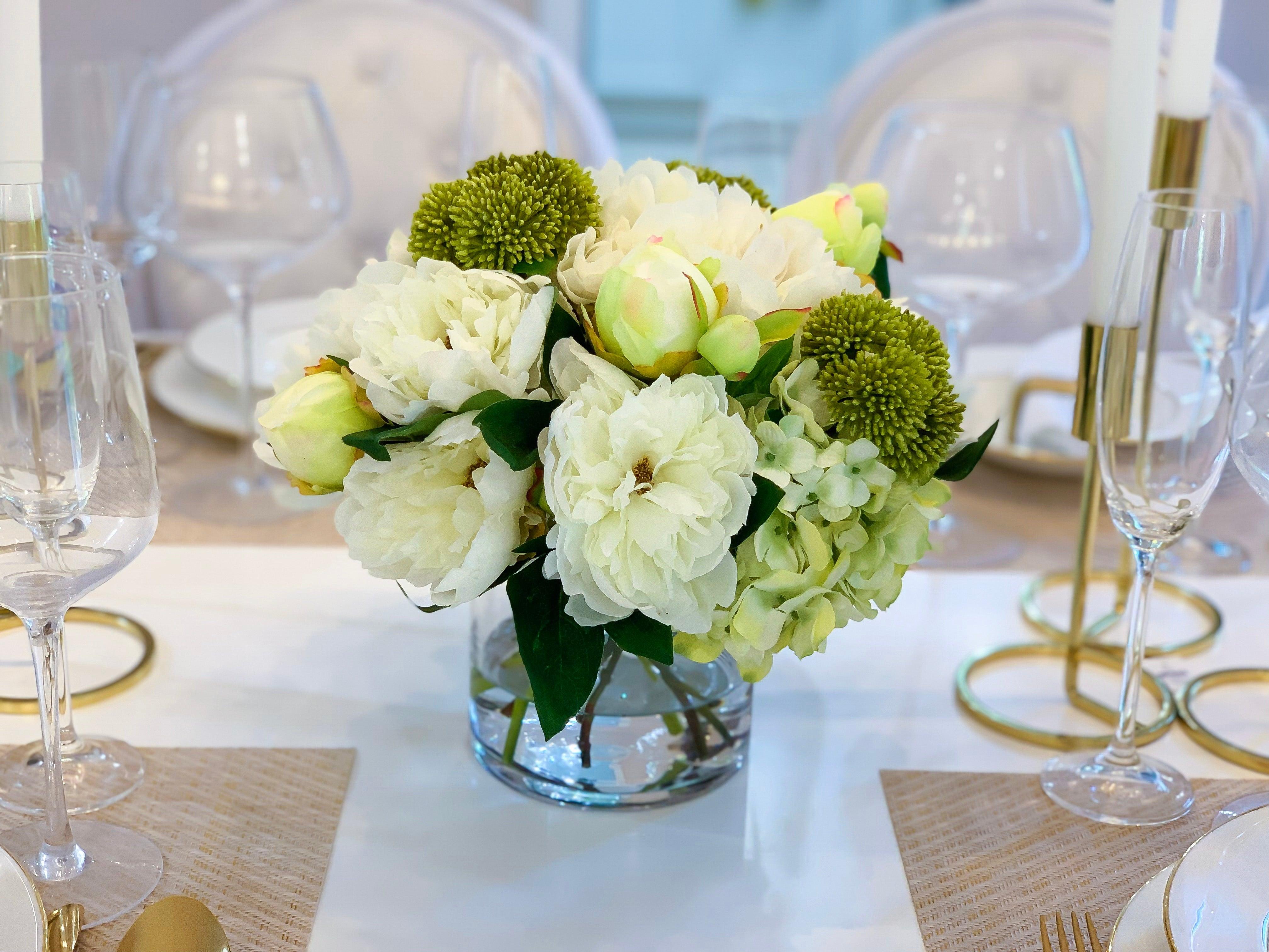 Silk Peonies Hydrangea Buds Glass Vase Arrangement - Flovery