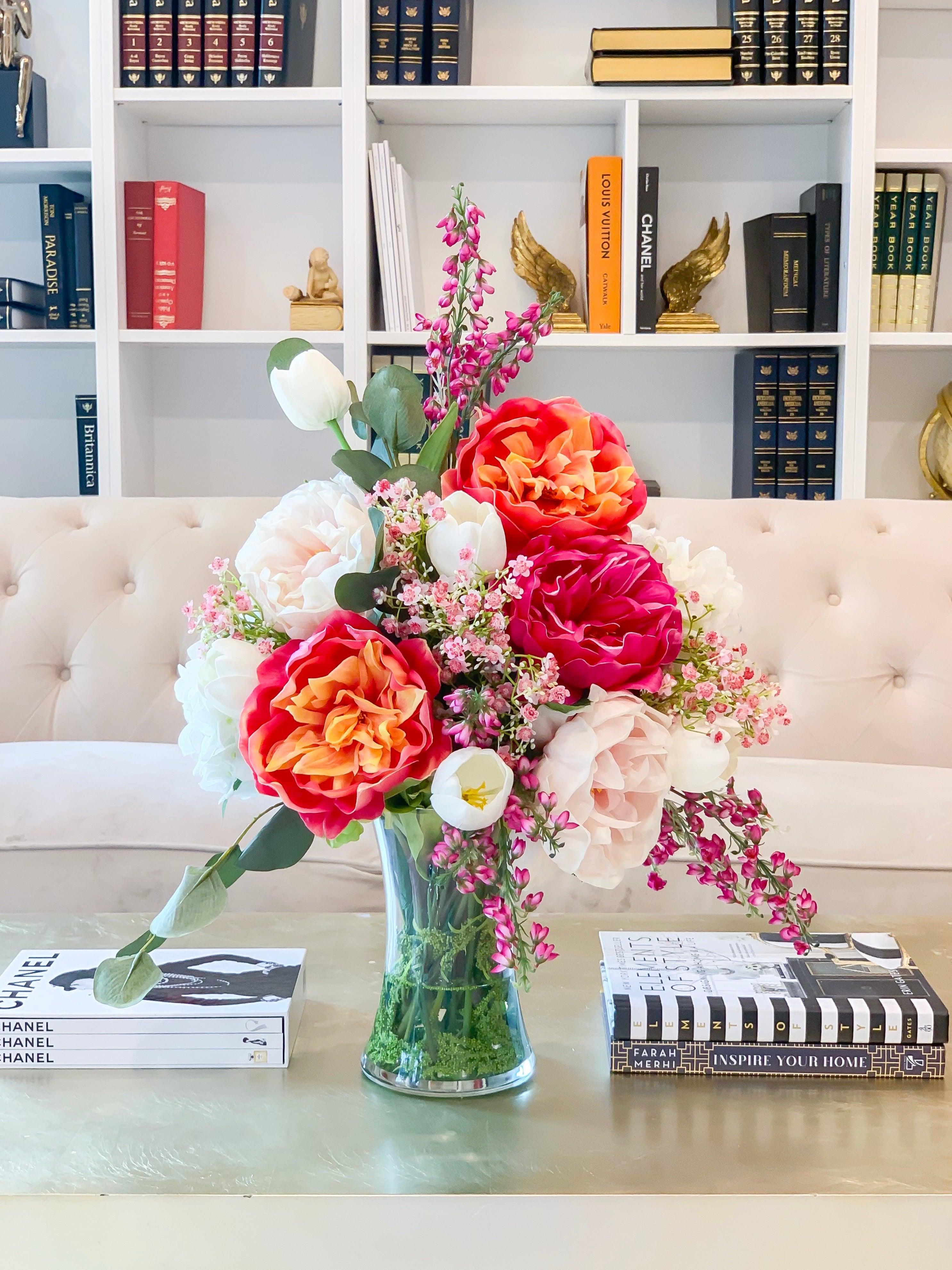 Large Real Touch Flower Arrangement-Large Dining Table Centerpiece-Real Touch Pink/Magenta Peony Centerpiece-Tulip Hydrangea Centerpiece - Flovery