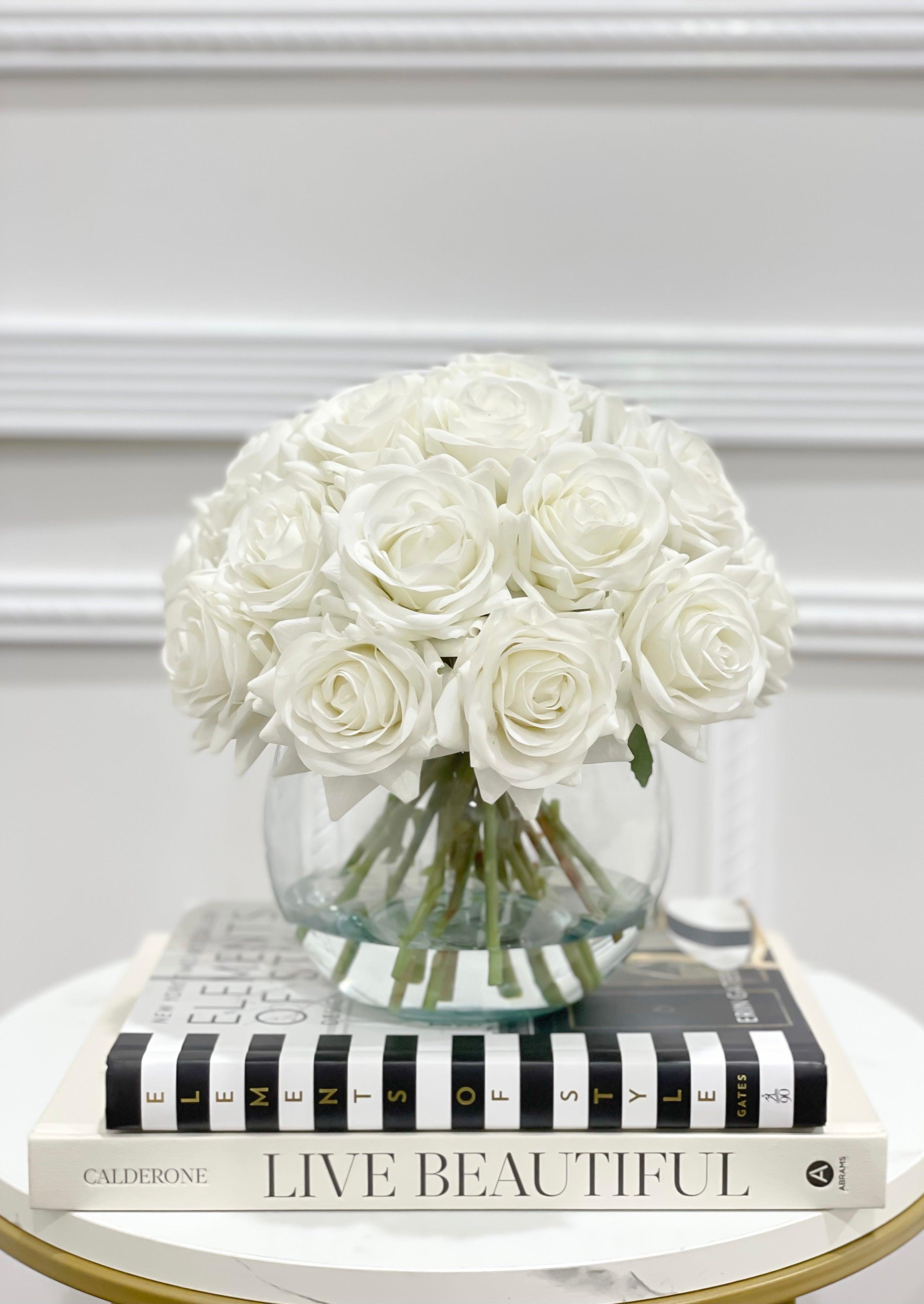 Real Touch White Rose Centerpiece Round Vase - Flovery