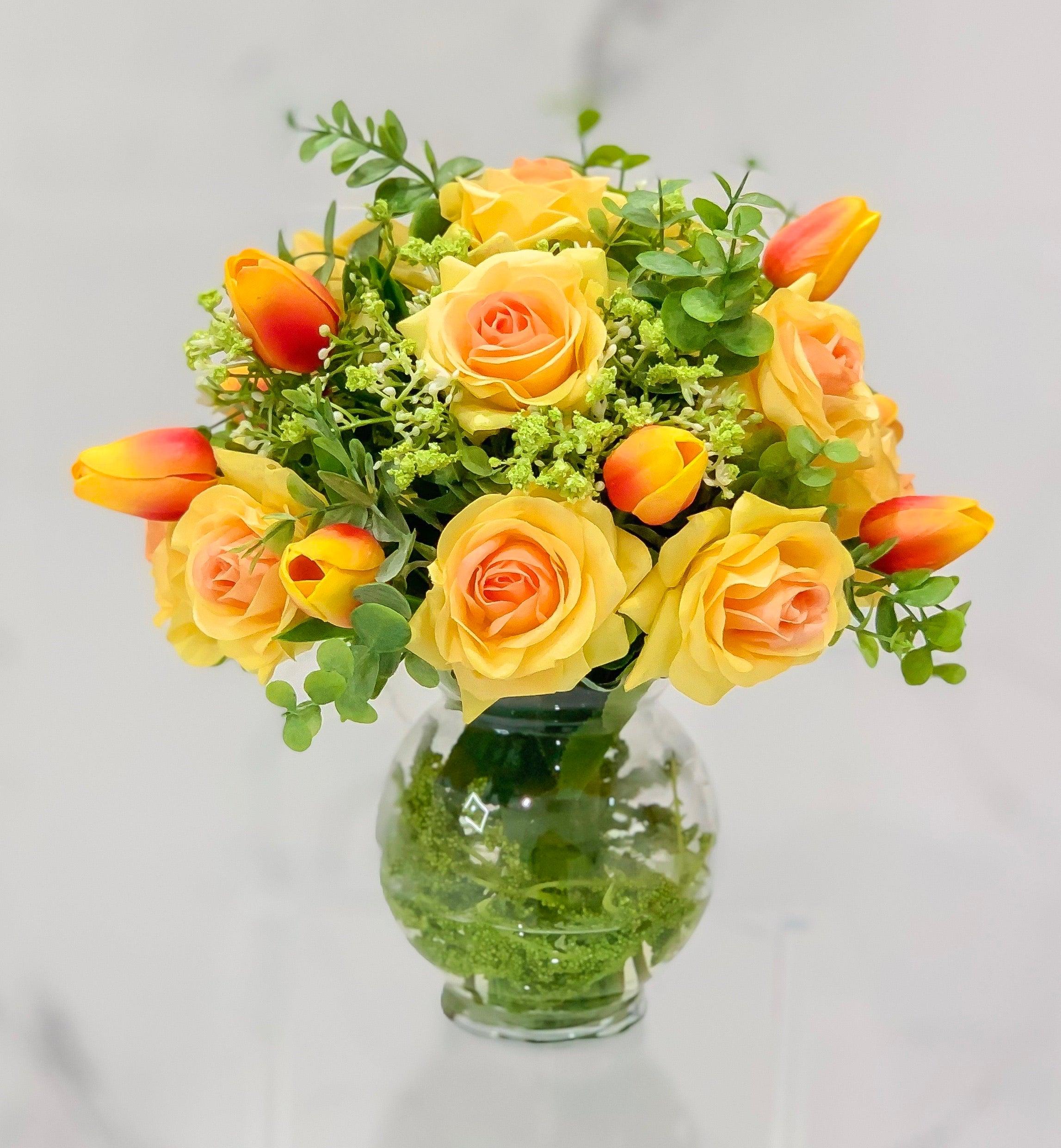 Real Touch Centerpiece-Faux Floral Arrangement- Yellow Centerpiece-Silk Flowers Arrangement-True Touch Rose Arrangements - Flovery