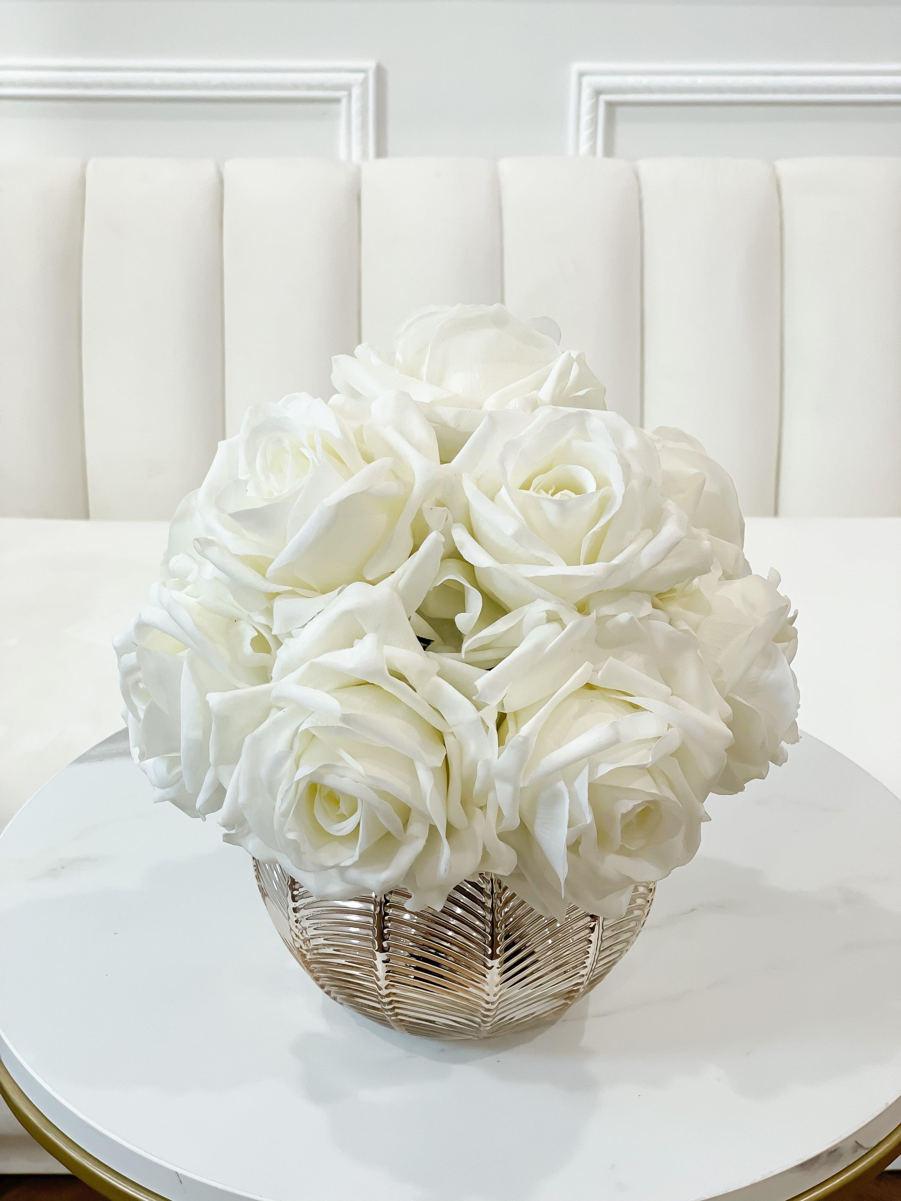 Medium Premium Real Touch White Rose Arrangement in Gold Vase Secondary image