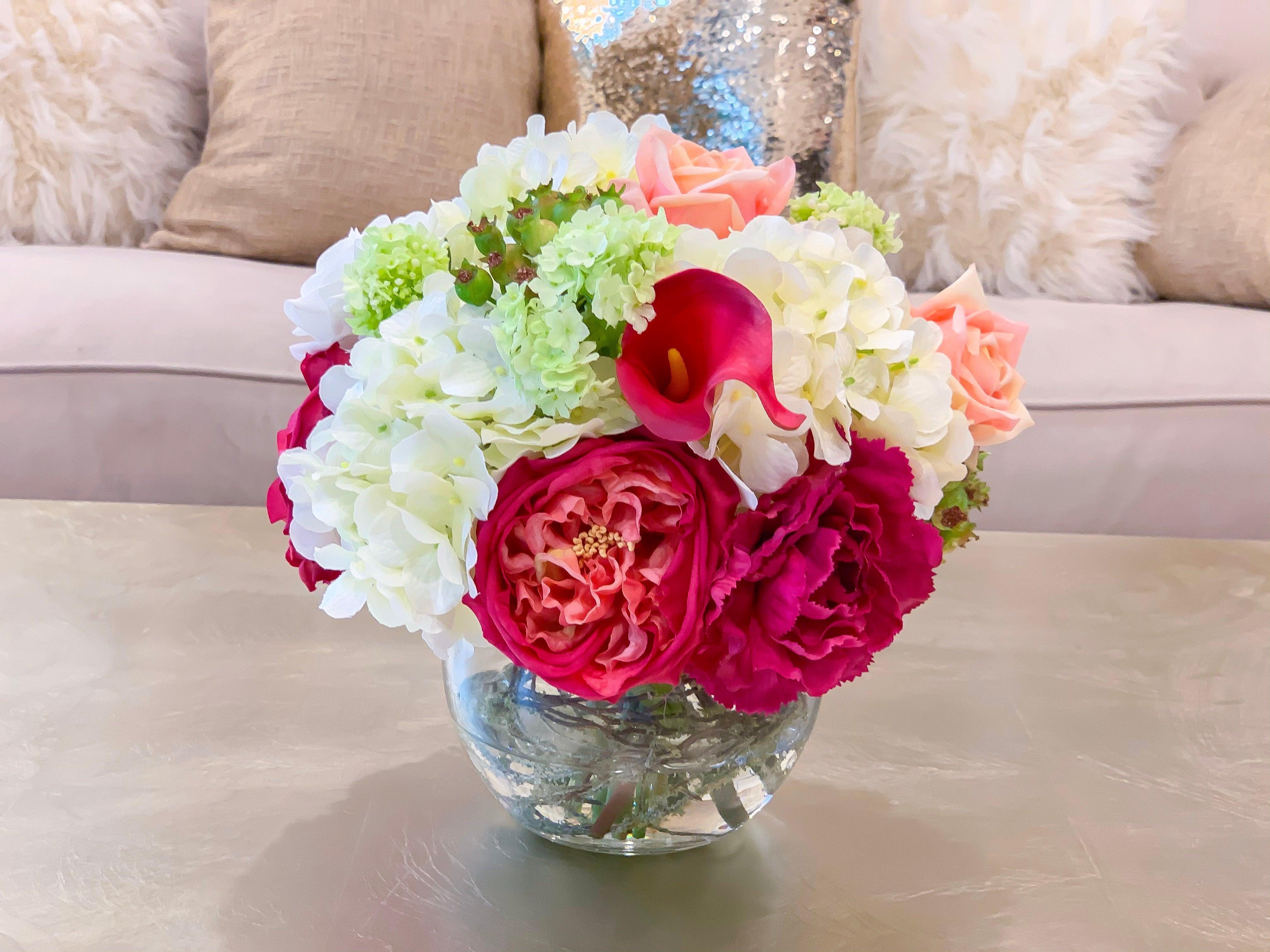 Real Touch Centerpiece English Magenta Roses Arrangement Mixed Pink Rose,  Carnation And White Hydrangea - Faux Arrangement - Flovery Main image