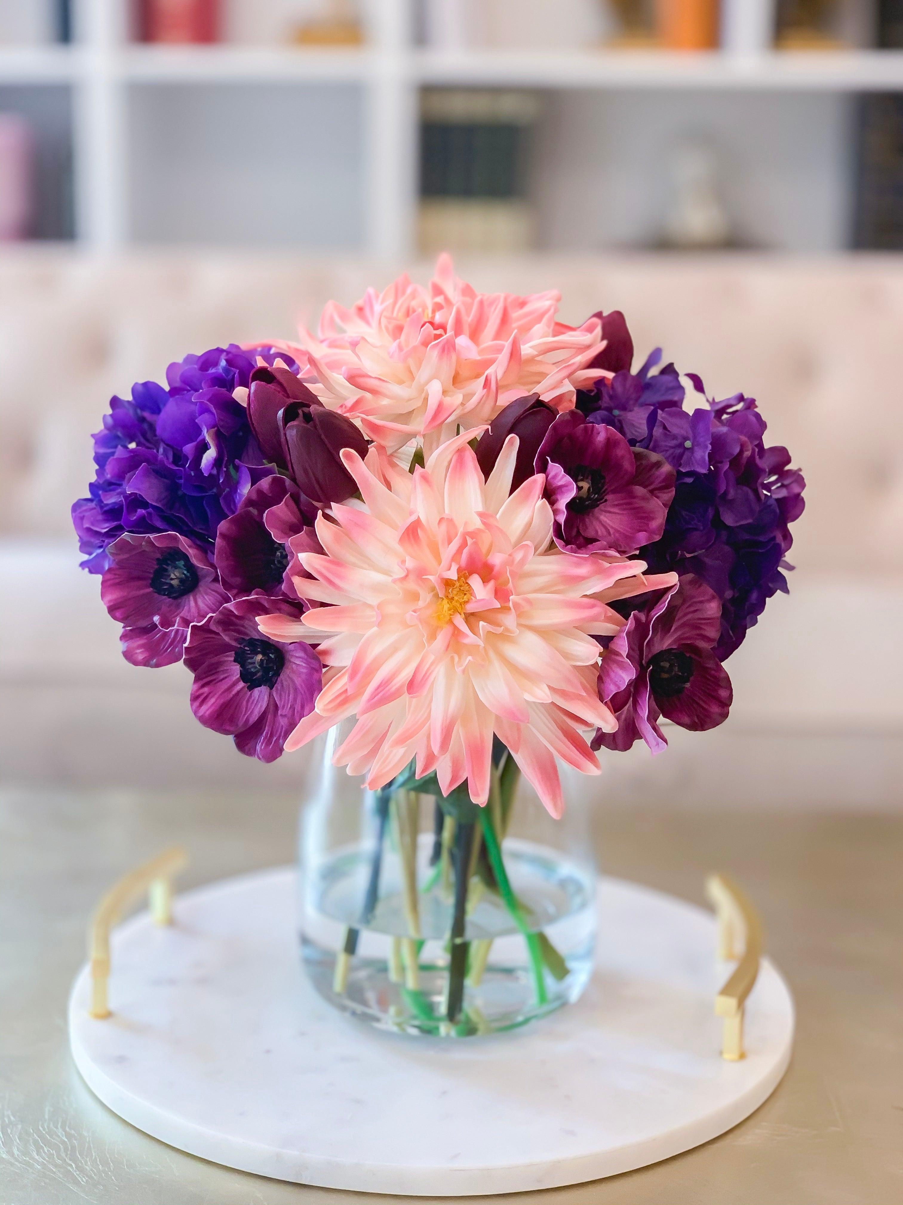 All Real Touch Pink Purple Poppies Dahlias Hydrangeas Arrangement-Purple Flowers Arrangement-Centerpiece Arrangement-Dahlias Arrangements - Flovery