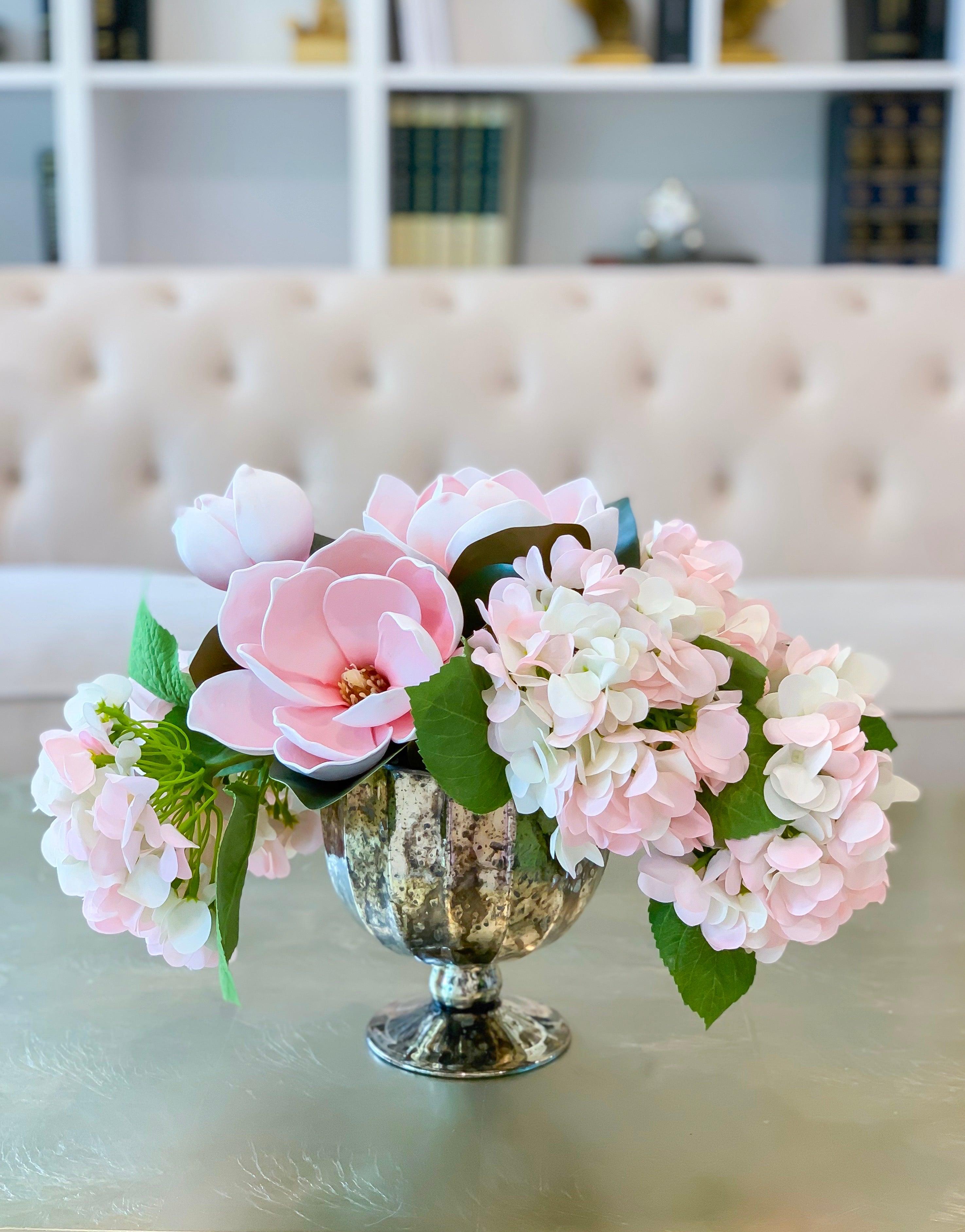 Finest REAL TOUCH Magnolia/Hydrangea Arrangement - pink/white/blush Real Touch Hydrangea -Faux Magnolia Arrangement - Magnolia Centerpieces - Flovery Main image