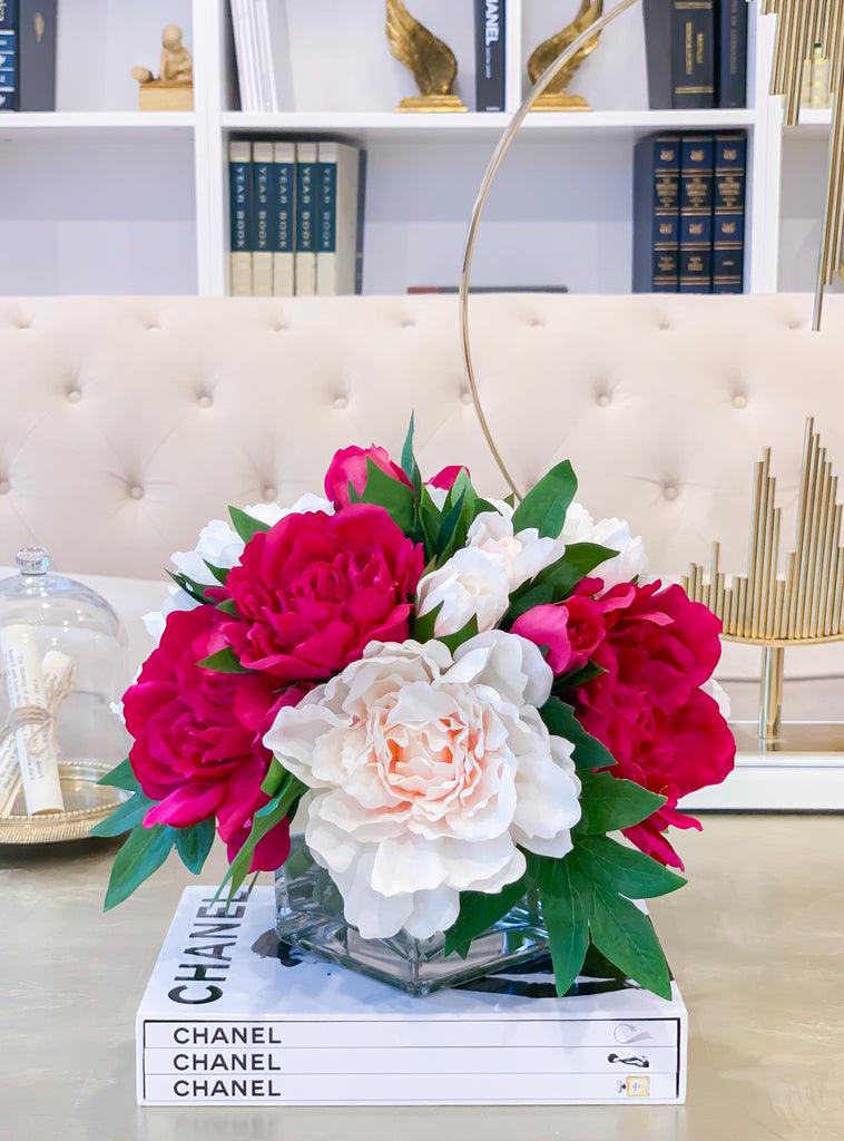 Medium Peony Centerpiece in Square Vase - Flovery Main image