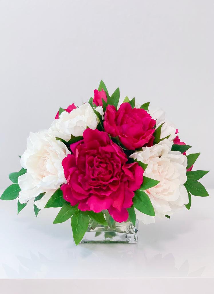 Medium Peony Centerpiece in Square Vase - Flovery