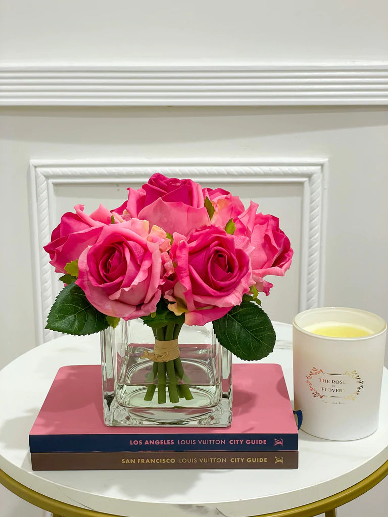 Real Touch Pink Roses Arrangement Square Glass - Flovery Main image