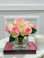 Real Touch Pink Roses Arrangement Square Glass - Flovery