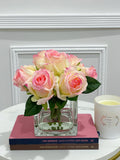 Real Touch Pink Roses Arrangement Square Glass - Flovery