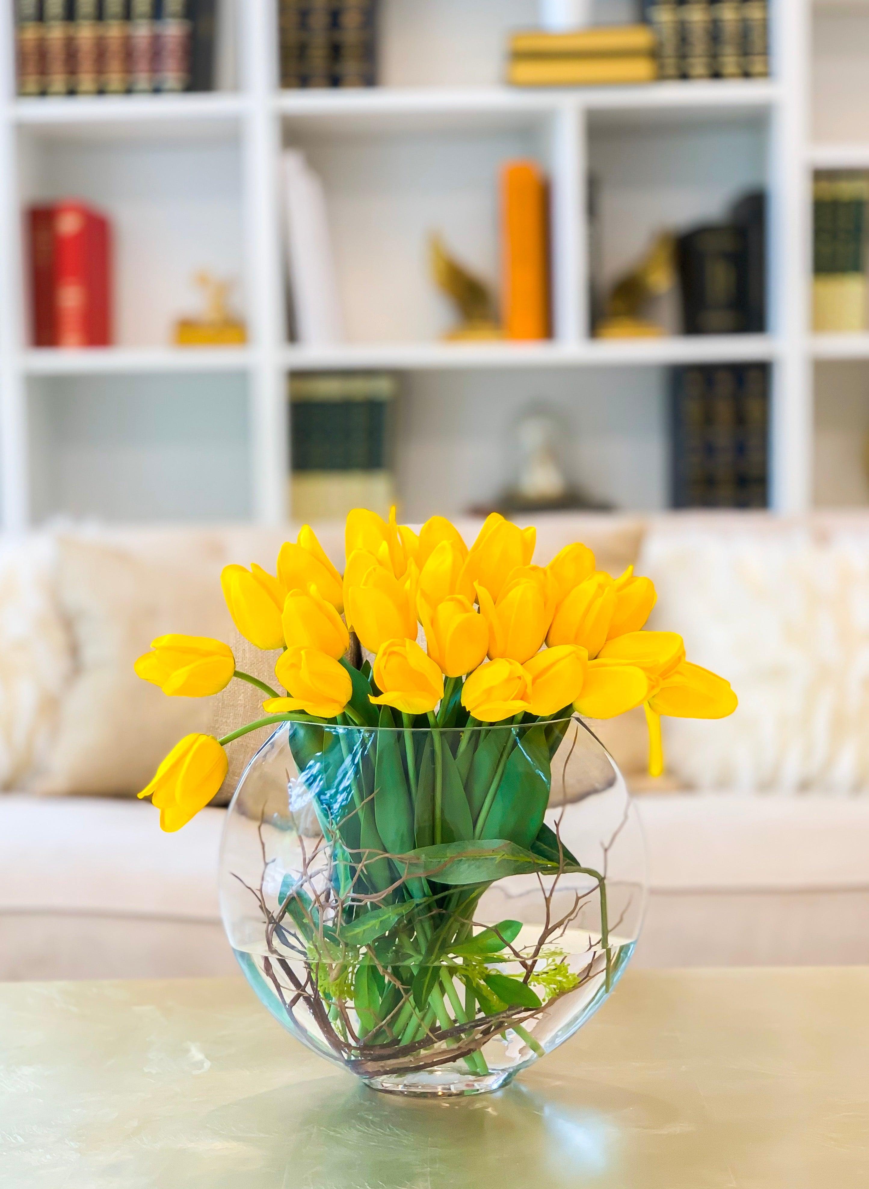 Large Yellow Real Touch Tulip Arrangement-Tulip Real Touch Flower Arrangement-Tulip Centerpiece-Faux Tulip Centerpiece- Yellow Flower Center - Flovery Main image