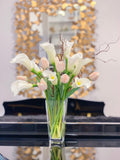 Pink/White Real Touch Flowers Arrangement-White Calla Lily Real Touch Arrangement-Real Touch Tulip-White Tulips Centerpiece - Flovery