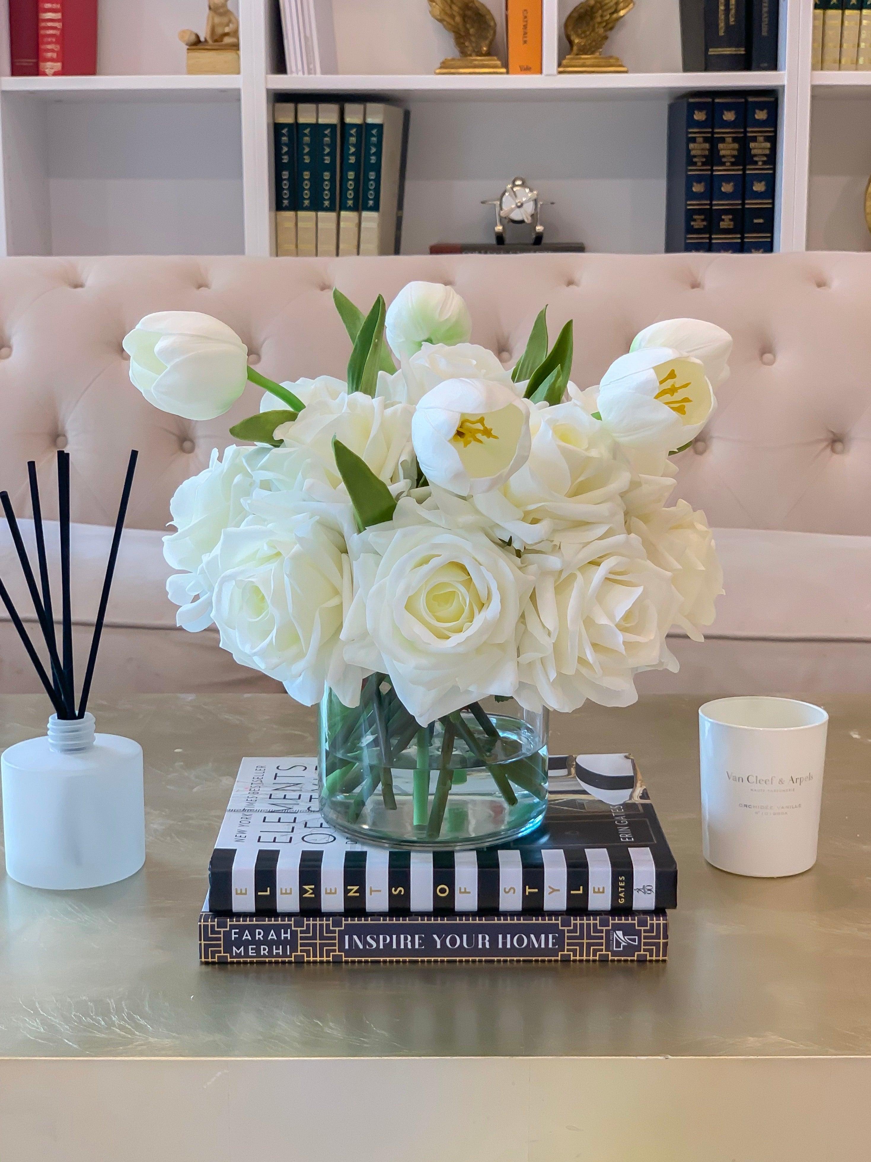 White Real Touch Flower Arrangement-Large Real Touch Rose Arrangement-Tulip Arrangement-Artificial Flower Arrangement-Tulip Centerpiece - Flovery