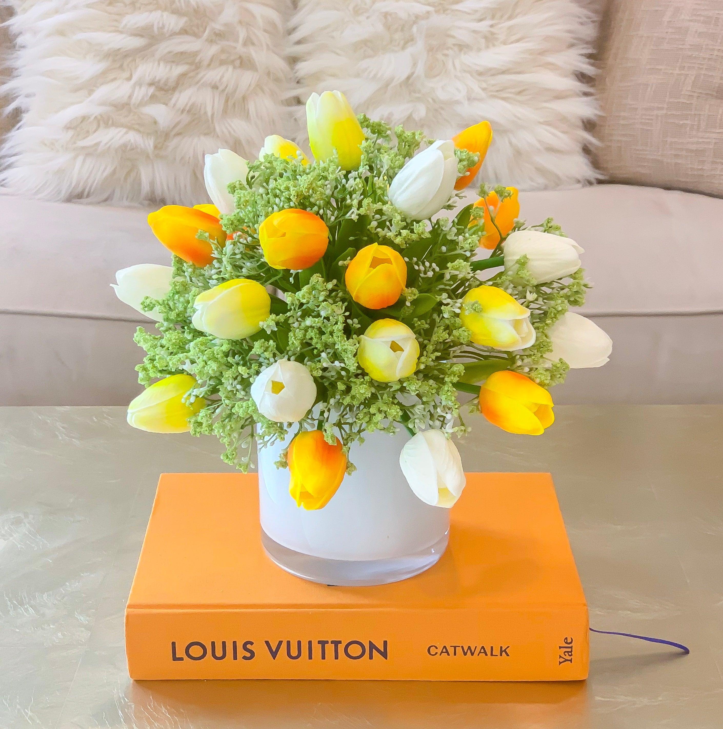 Real Touch Tulip Centerpiece-Real Touch Flower Arrangement-Faux Flower Arrangement-Fake Flowers-Silk Faux Tulip Arrangement In Acrylic Water - Flovery