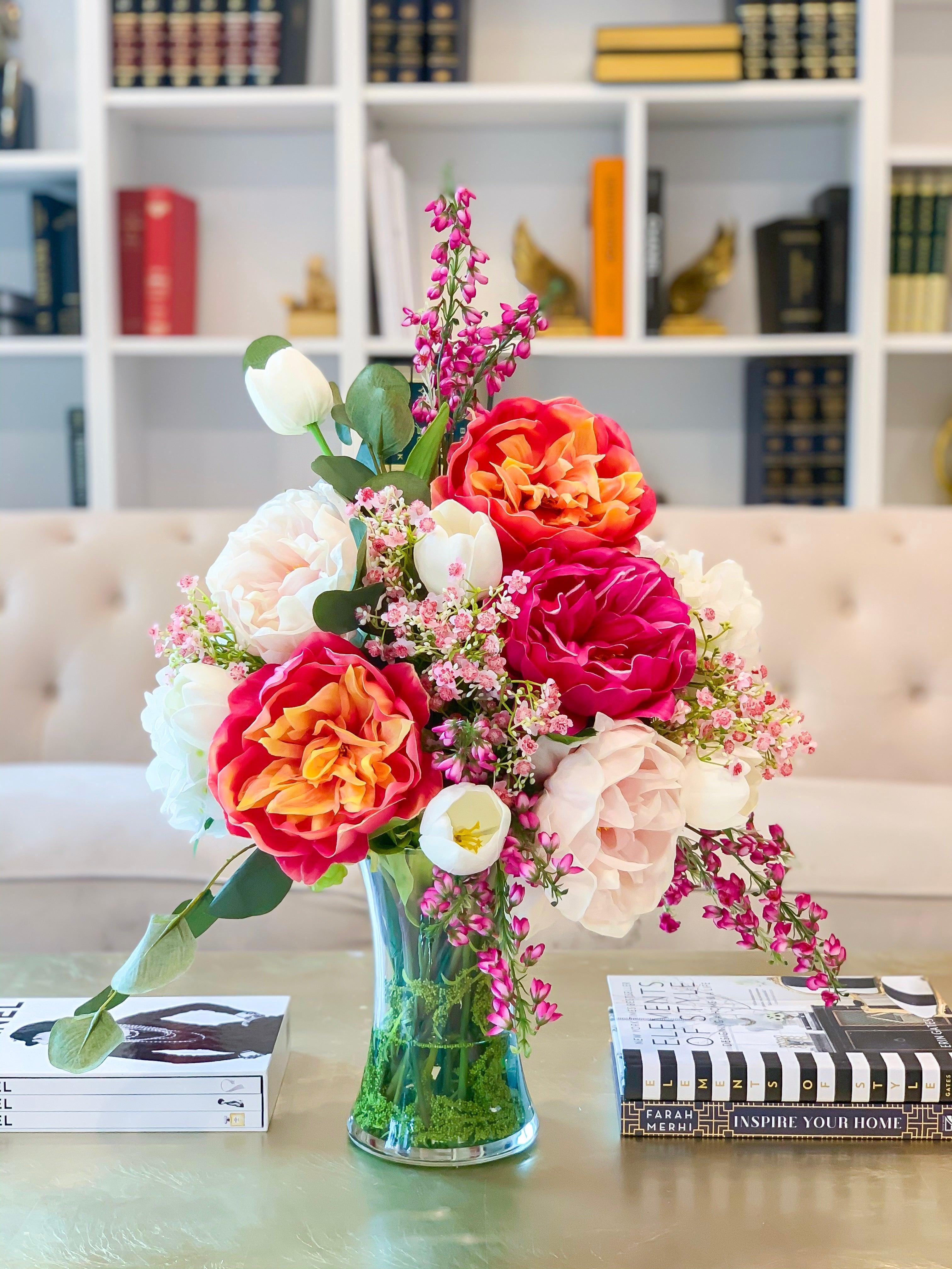 Large Real Touch Flower Arrangement-Large Dining Table Centerpiece-Real Touch Pink/Magenta Peony Centerpiece-Tulip Hydrangea Centerpiece - Flovery