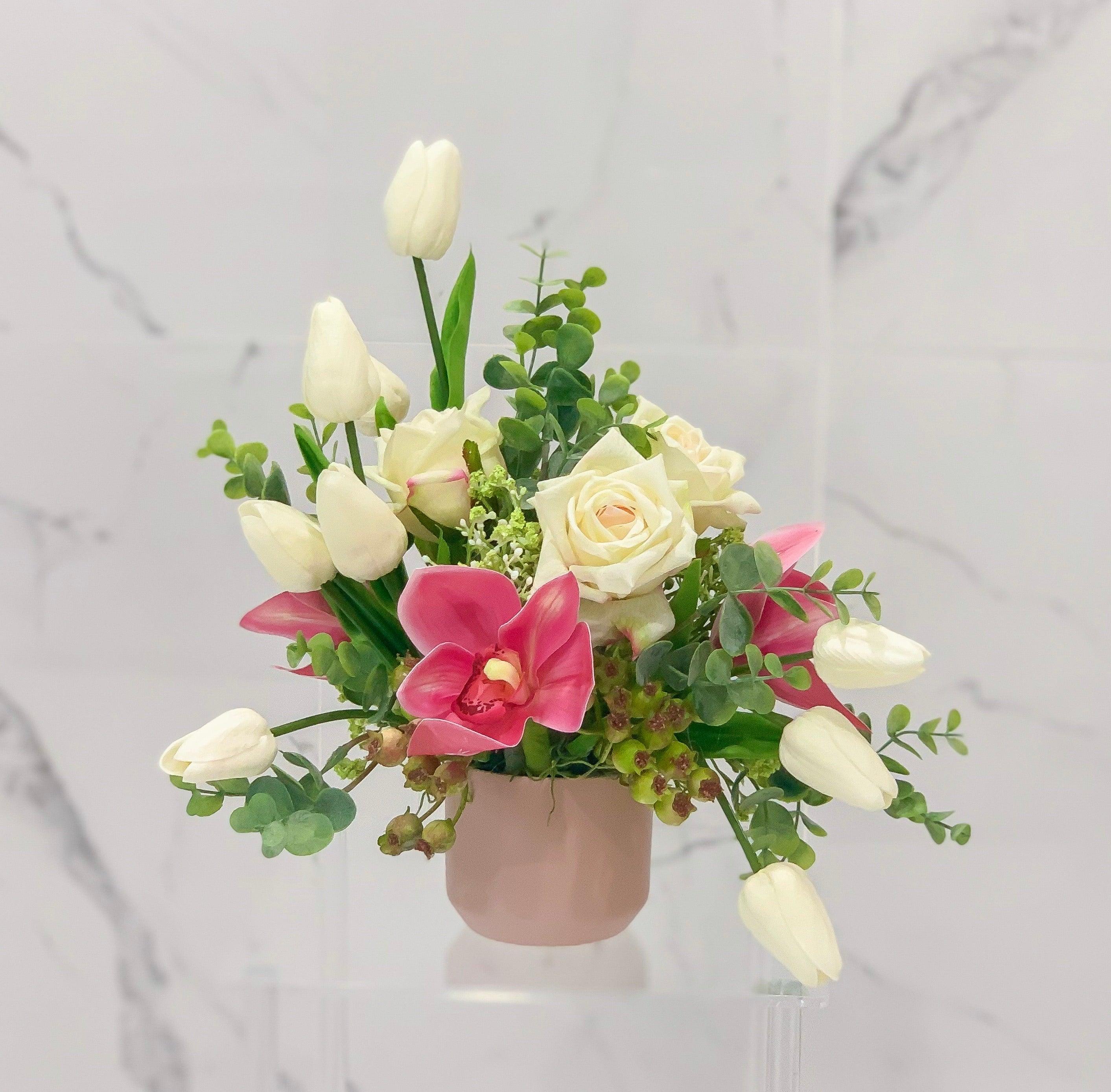 Real Touch Rose Tulip Orchid Arrangement Pink Ceramic Secondary image