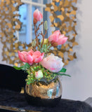 Spring Flowers Arrangement - Real Touch Magnolia With Finest Faux Peony In Gold Vase - Flovery