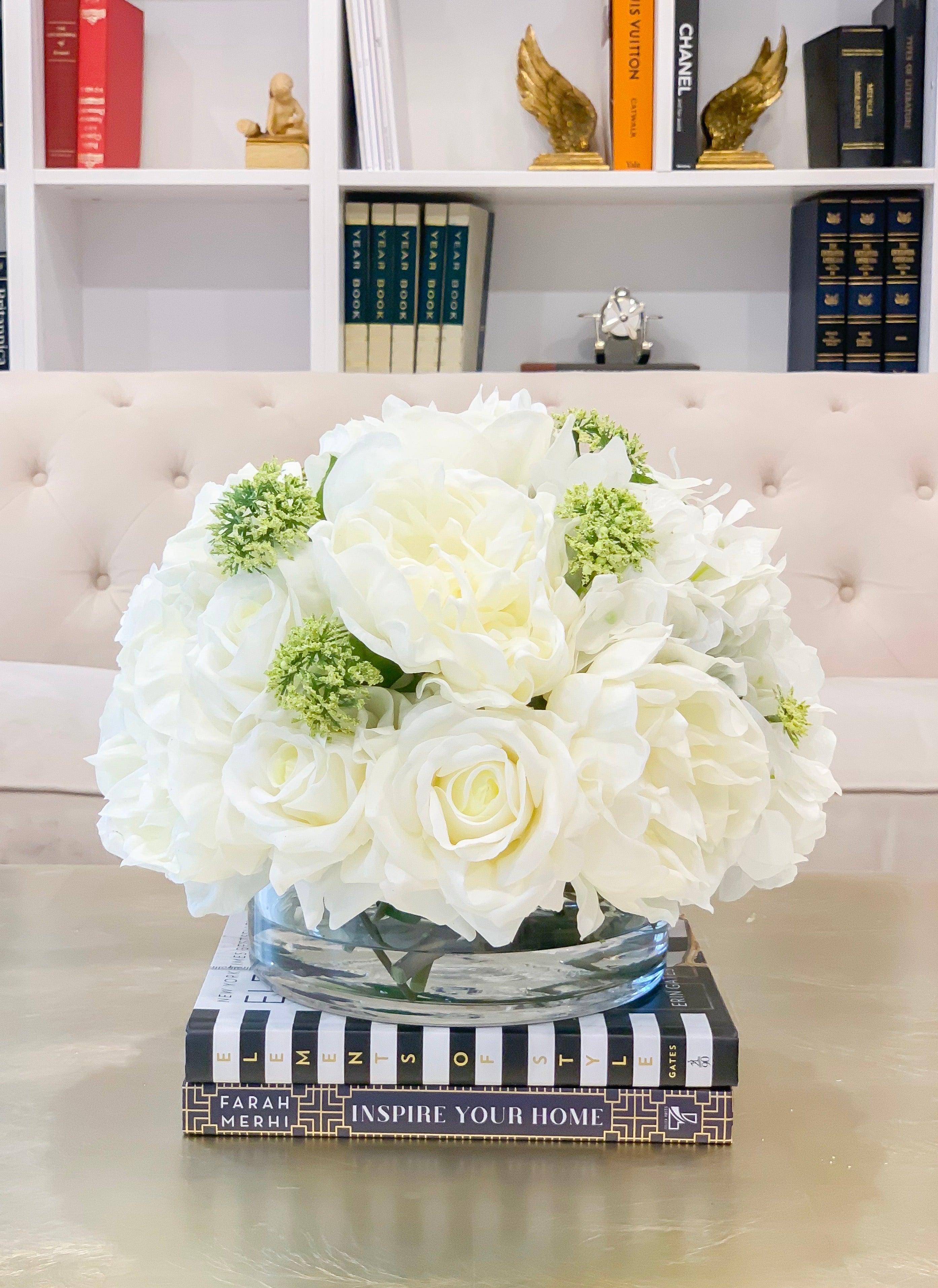 Large Real Touch Centerpiece-White Real Touch Roses-Peonies-Hydrangea Arrangement Dining Room-White Floral Arrangement-Luxury Faux Flowers - Flovery Main image
