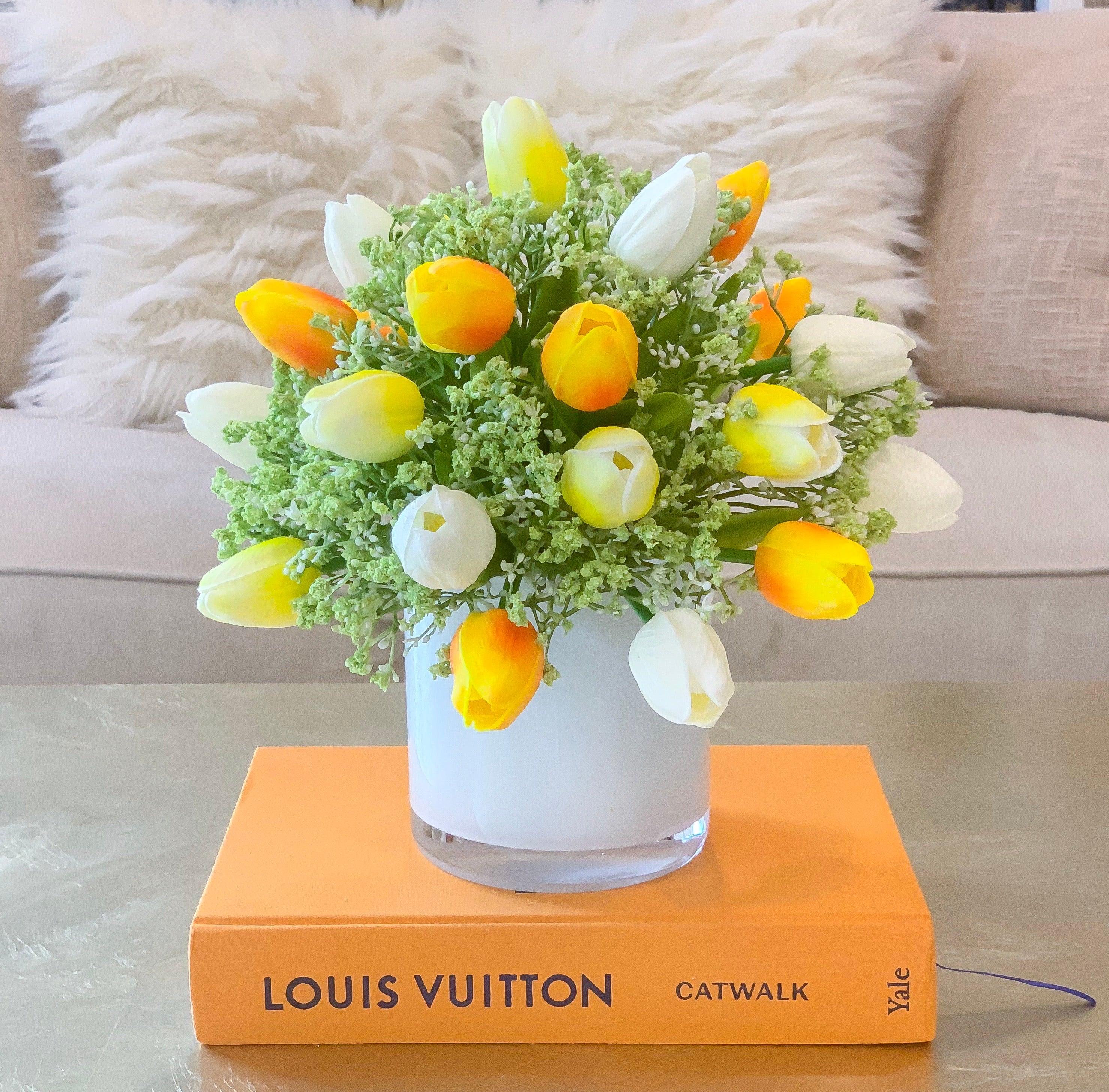 Real Touch Tulip Centerpiece-Real Touch Flower Arrangement-Faux Flower Arrangement-Fake Flowers-Silk Faux Tulip Arrangement In Acrylic Water - Flovery