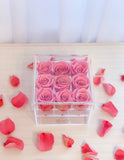 9 PREMIUM ECUADOR PRESERVED SWEET PINK ROSES ARRANGEMENT IN JEWELRY ACRYLIC BOX WITH DRAWER - Flovery