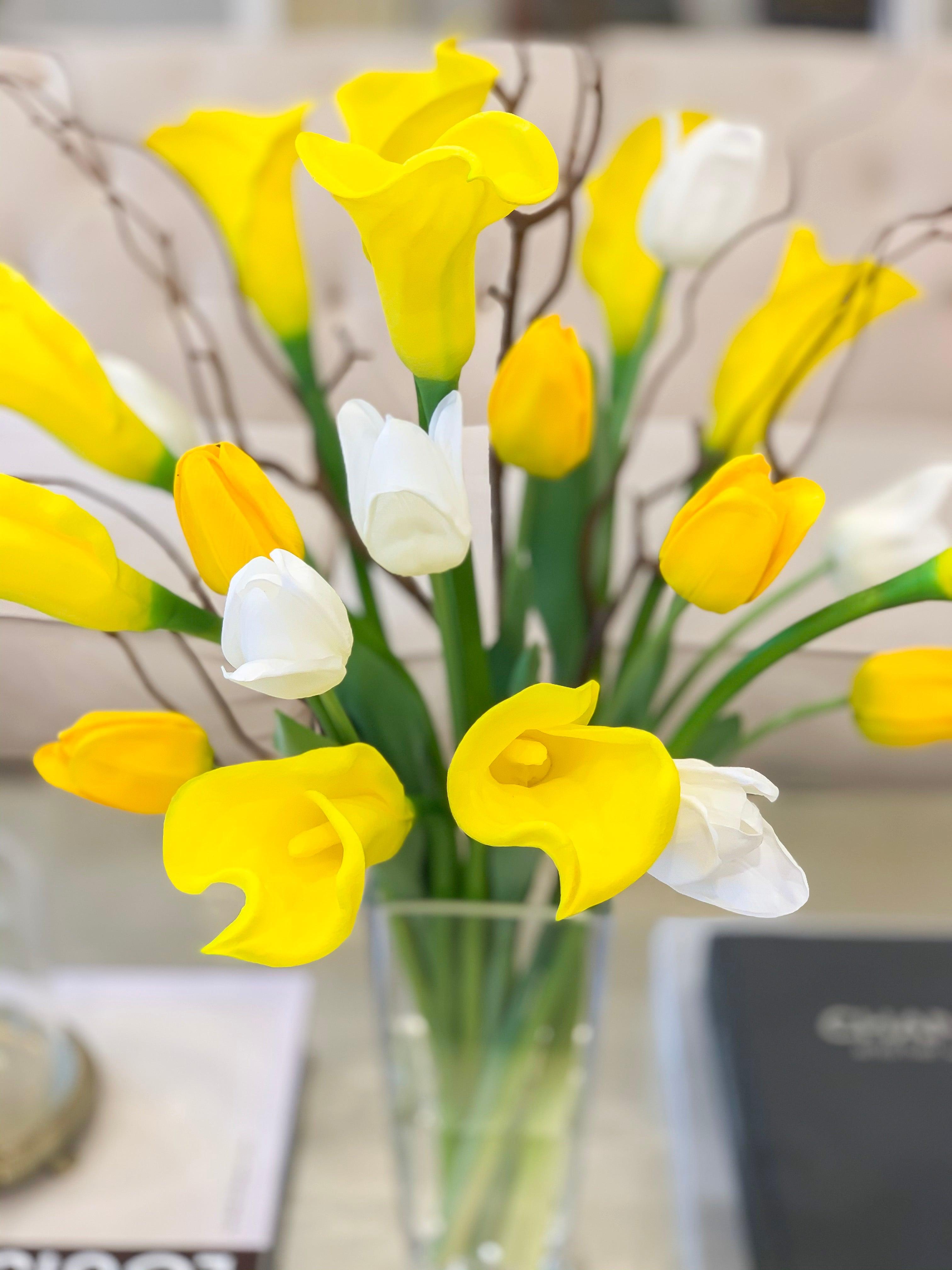 Yellow/White Real Touch Flowers Arrangement-Yellow Calla Lily Real Touch Arrangement-Real Touch Tulip-White/Yellow Tulips Centerpiece - Flovery