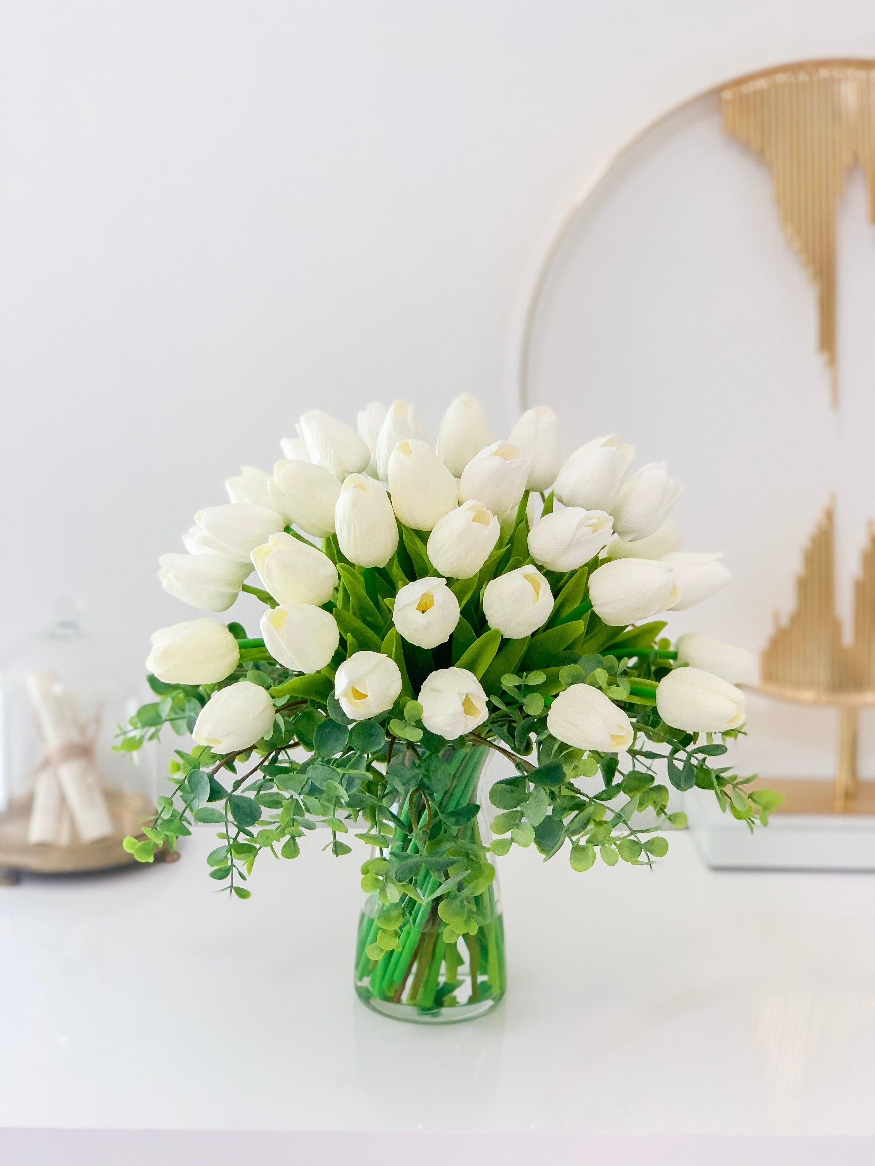 Real Touch Tulip Arrangement-White Tulip Centerpiece-Real Touch Flower Arrangement-Silk Flower Arrangement-Artificial Flower-Faux Flower - Flovery