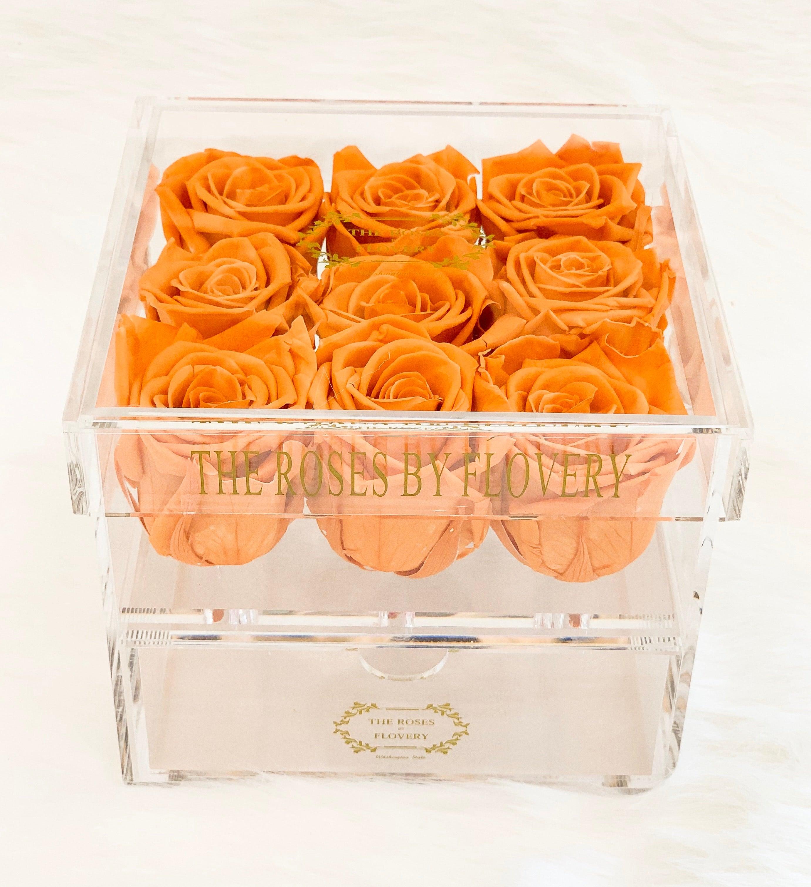 Premium Ecuador preserved orange roses in elegant acrylic box - Flovery Main image
