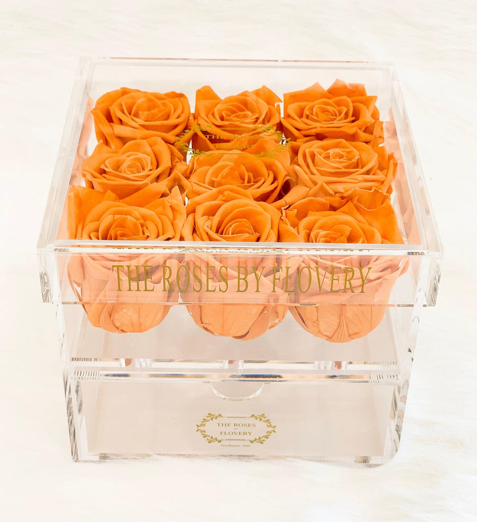 Premium Ecuador preserved orange roses in elegant acrylic box – Flovery.com