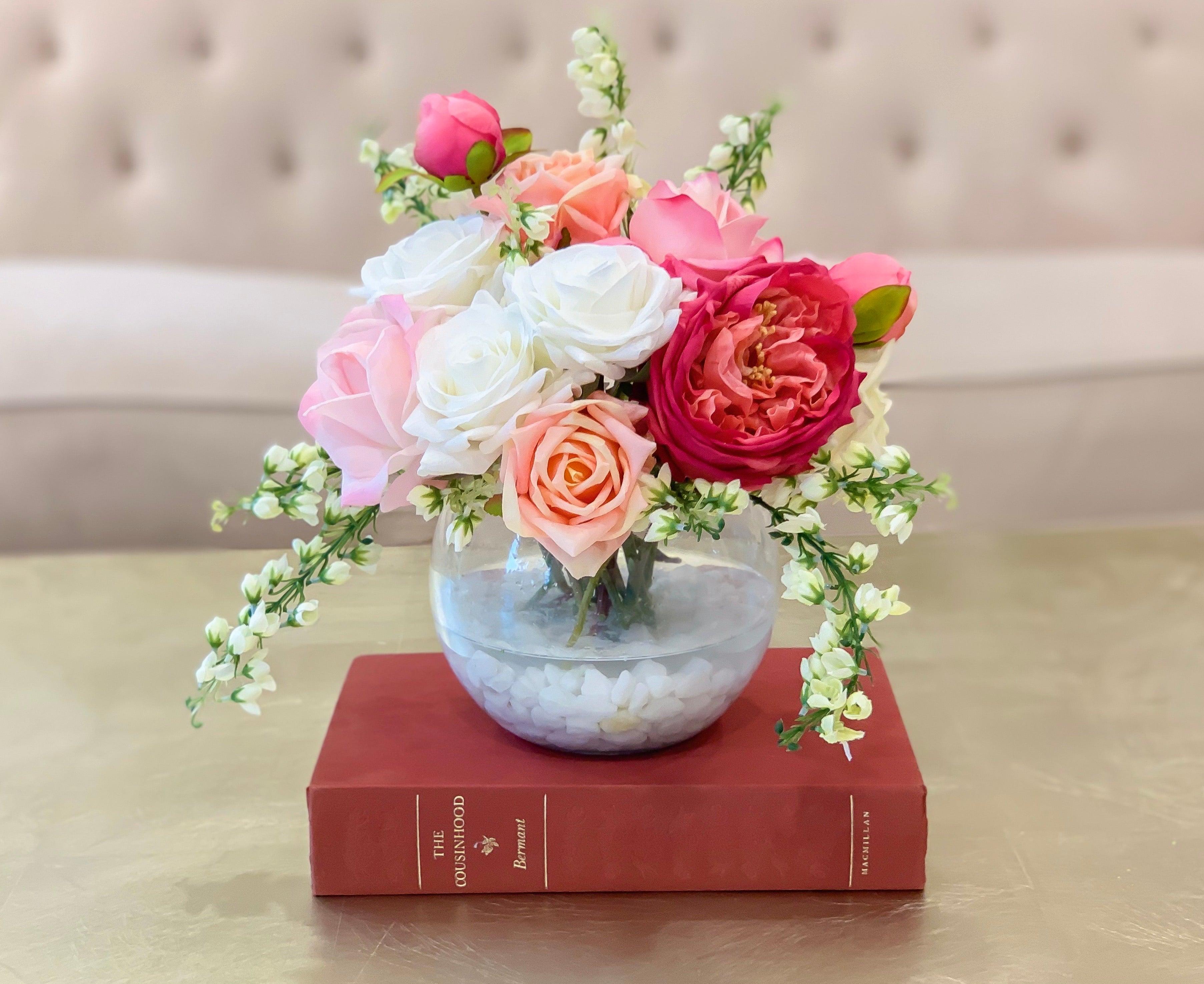 Real Touch Centerpiece English Magenta Roses Arrangement Mixed Pink Rose, White roses, Flowers Centerpiece - Flovery