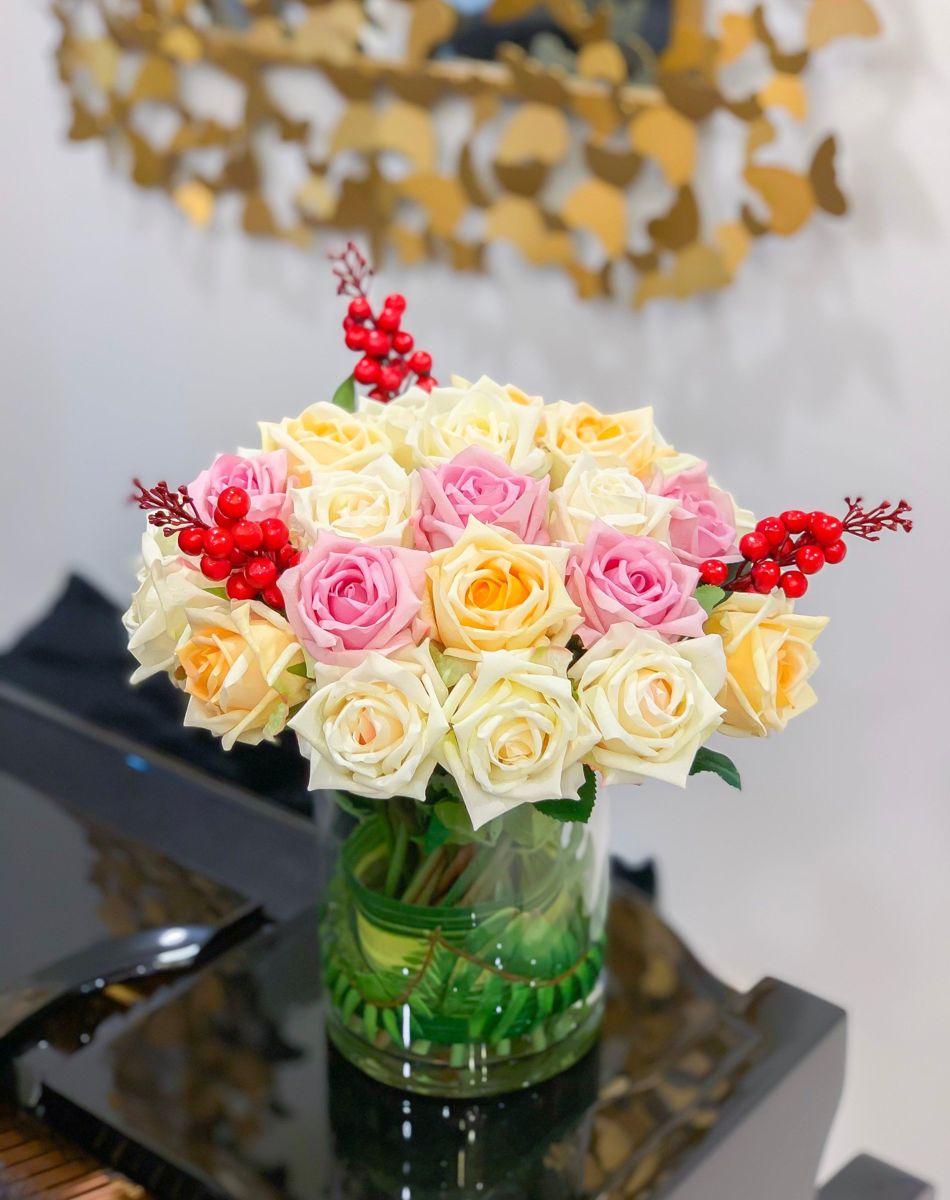 Real Touch Flowers Arrangement- White Cream, Purple Lavender Rose Arrangements- Flovery Everlasting Centerpiece - All Occasion-Home Decor - Flovery