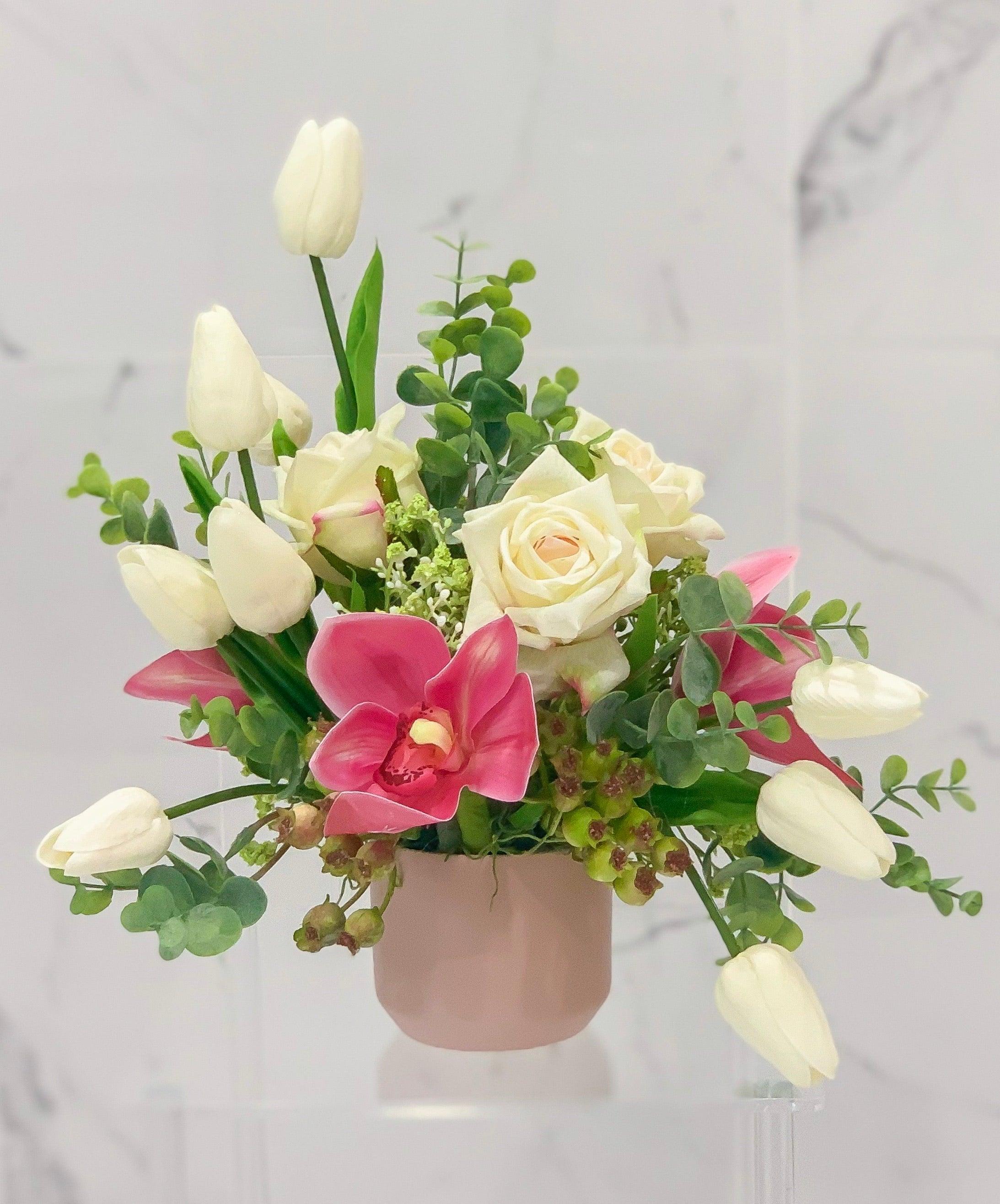 Real Touch Rose Tulip Orchid Arrangement Pink Ceramic - Flovery Main image