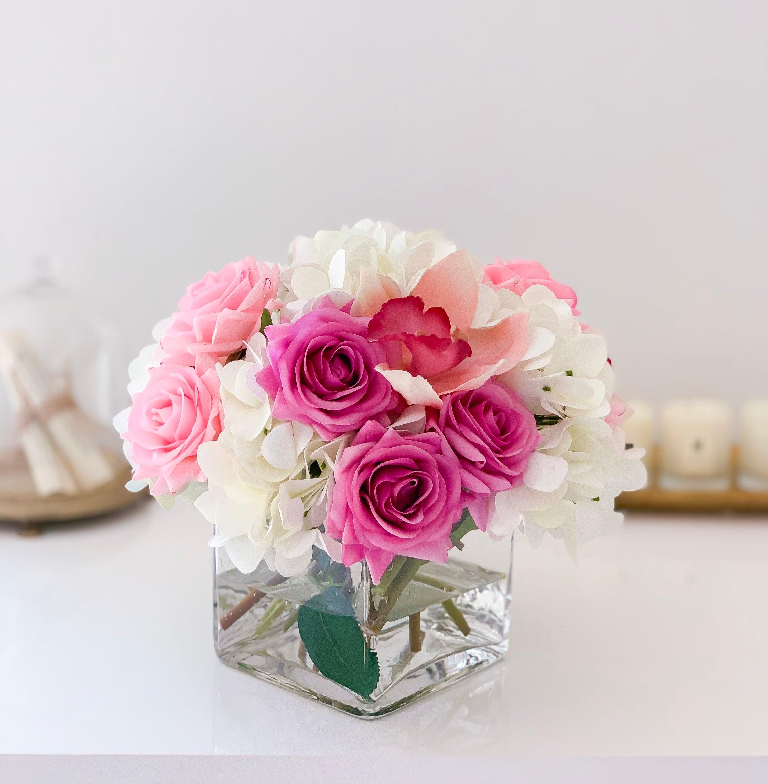 Real Touch Rose Centerpiece-Purple Roses-Pink Roses-Real Touch Hydrangea-Pink Orchid- Purple/Pink Arrangement - Flovery Main image