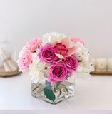 Real Touch Rose Centerpiece-Purple Roses-Pink Roses-Real Touch Hydrangea-Pink Orchid- Purple/Pink Arrangement - Flovery