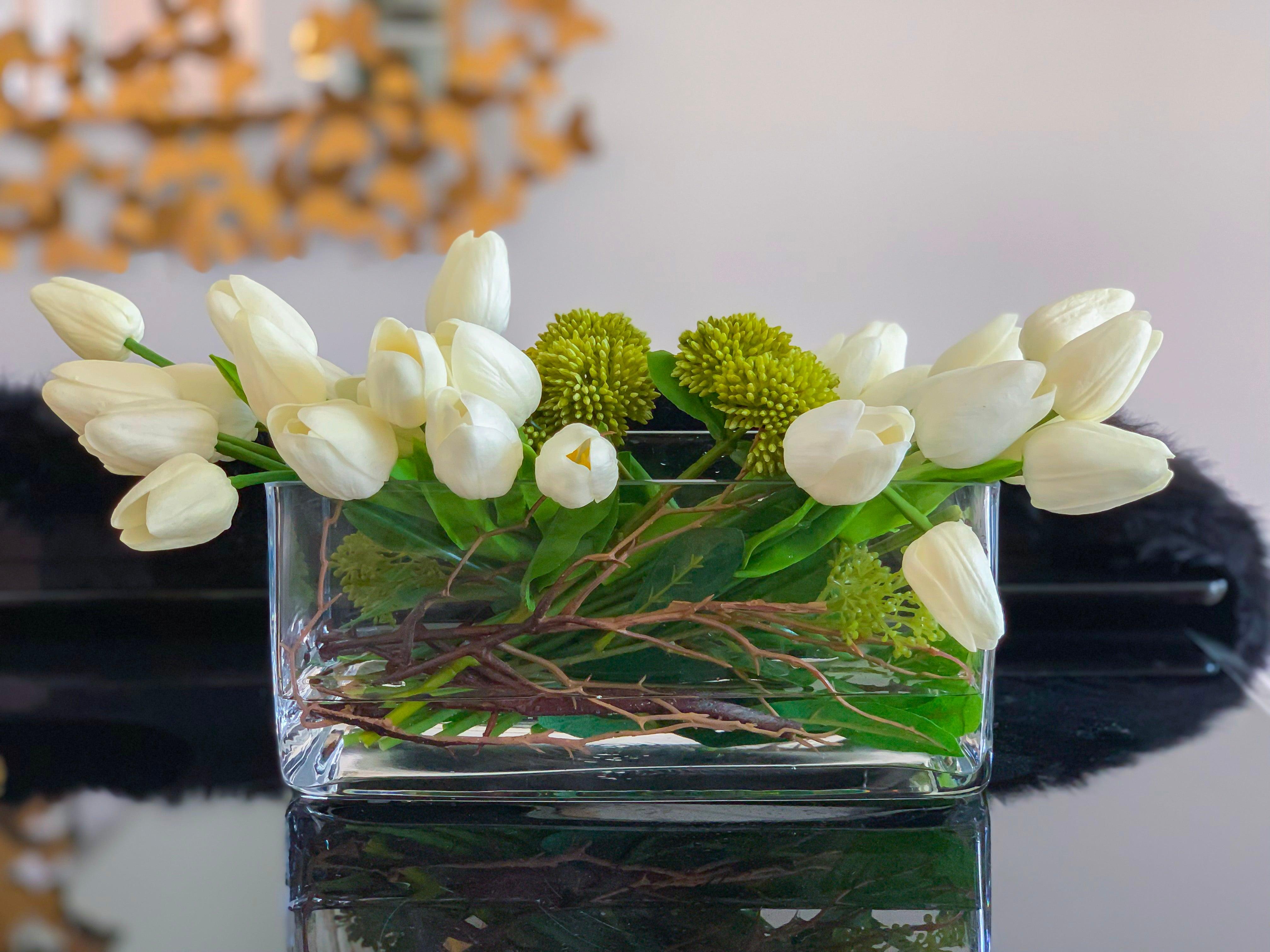 Real Touch White Tulips Wide Square Arrangement - Flovery