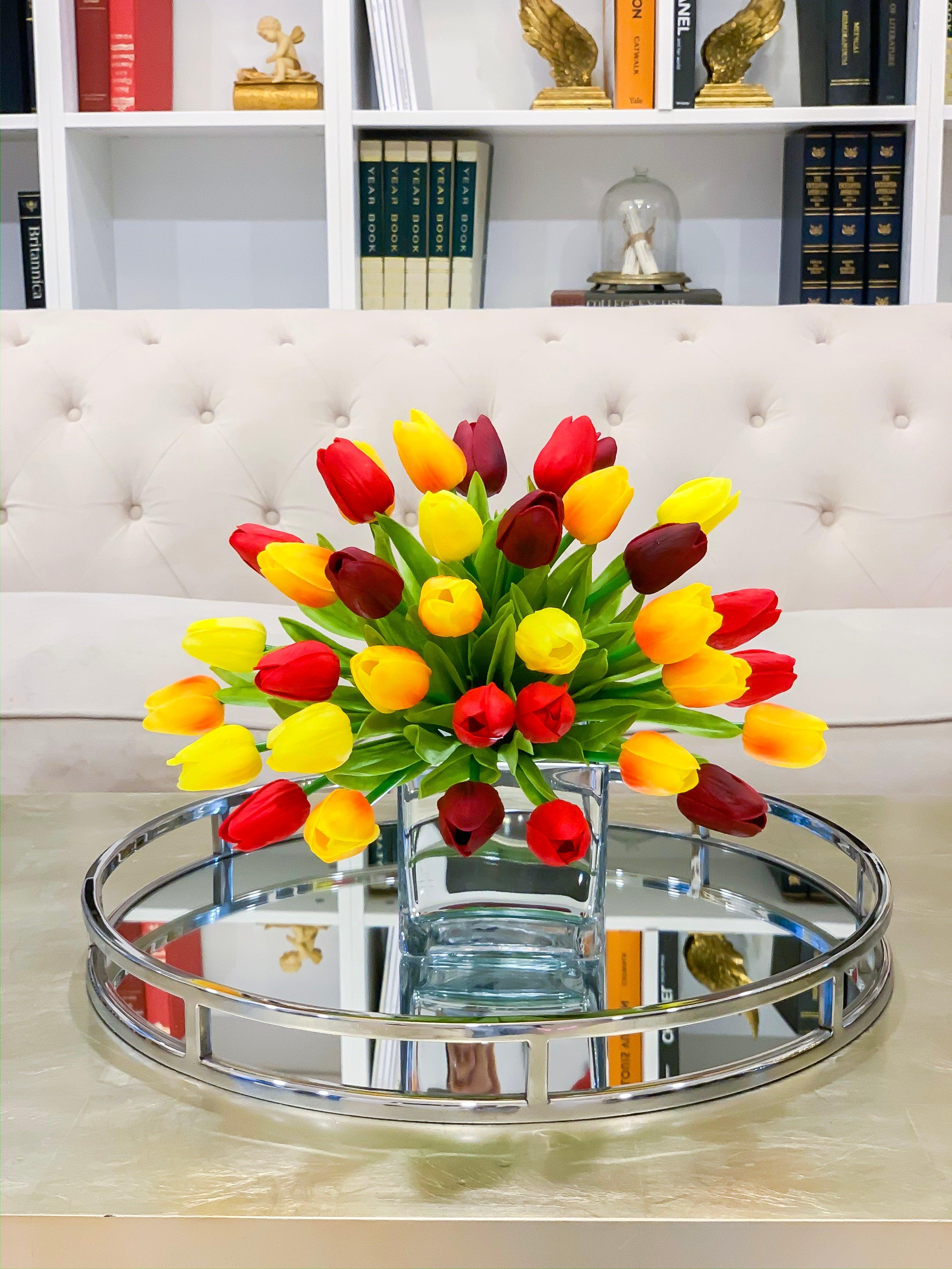 Faux Real Touch Arrangement-Tulips Centerpiece for Dining Table-Red Tulip-Orange Tulip-Yellow Tulip-Arrangement-Real Touch Tulip Arrangement - Flovery Main image