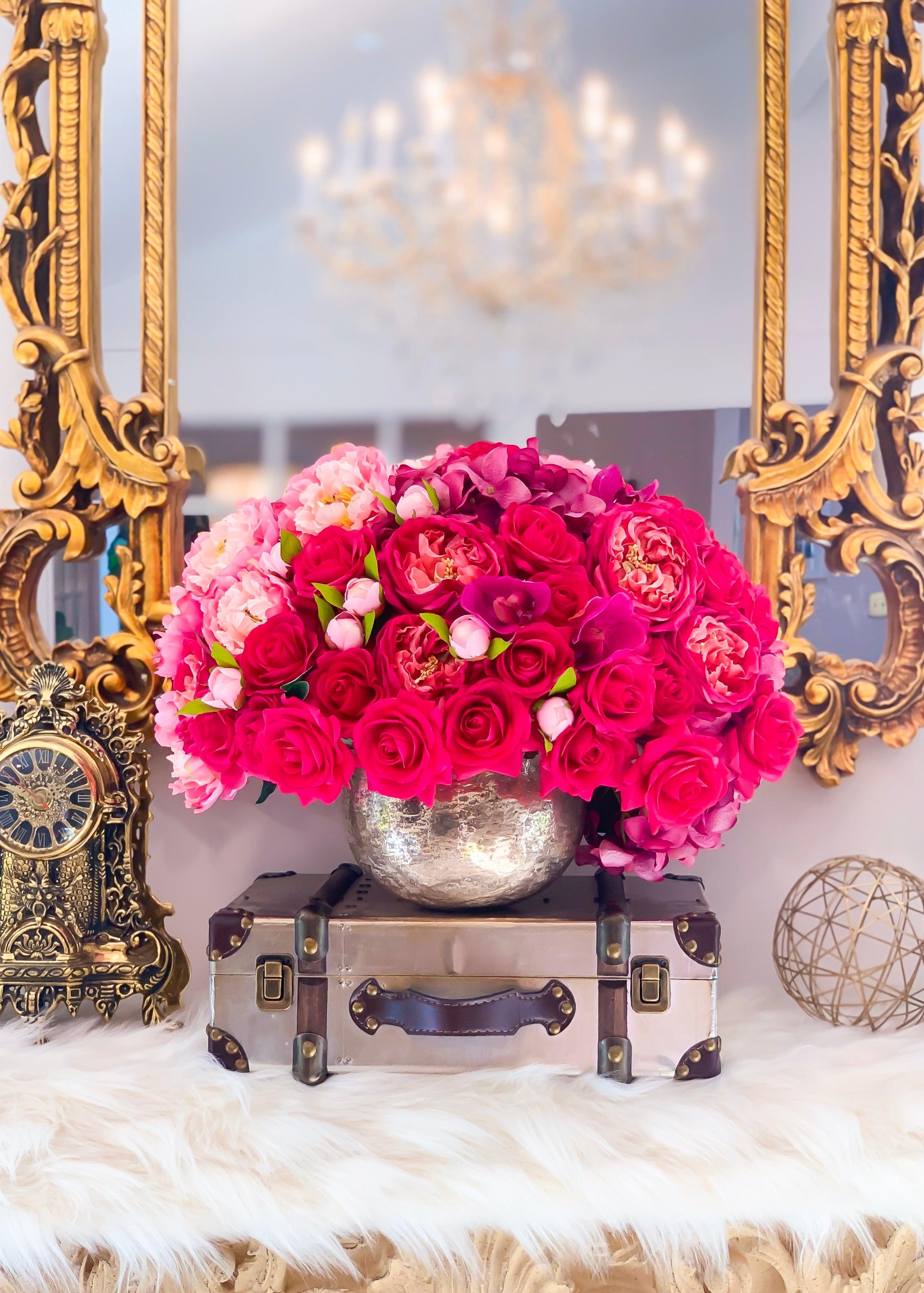 Large Exclusive Real Touch Rose Orchid Hydrangea Centerpiece in Gold Vase Secondary image