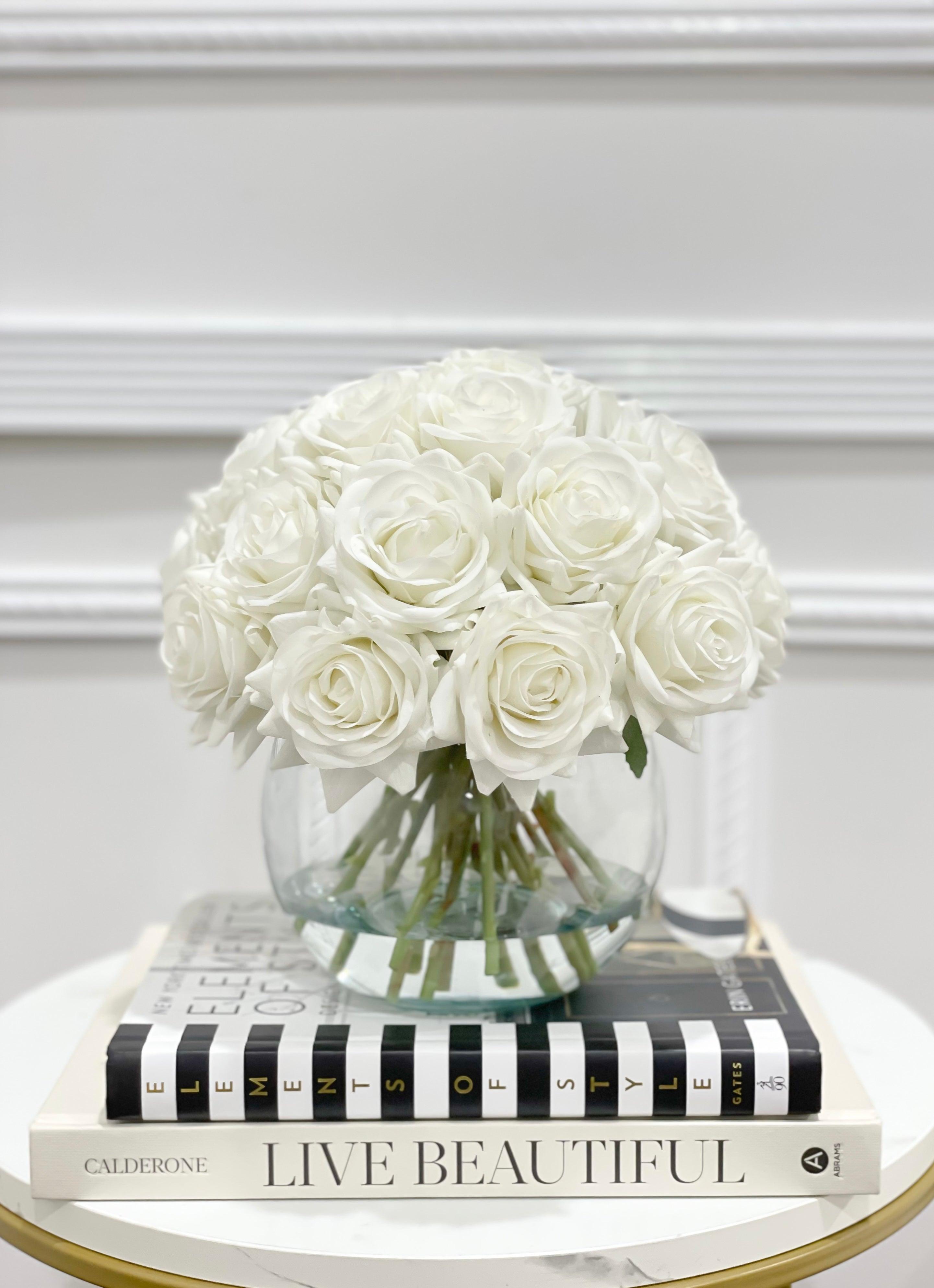 Real Touch White Rose Centerpiece Round Vase - Flovery