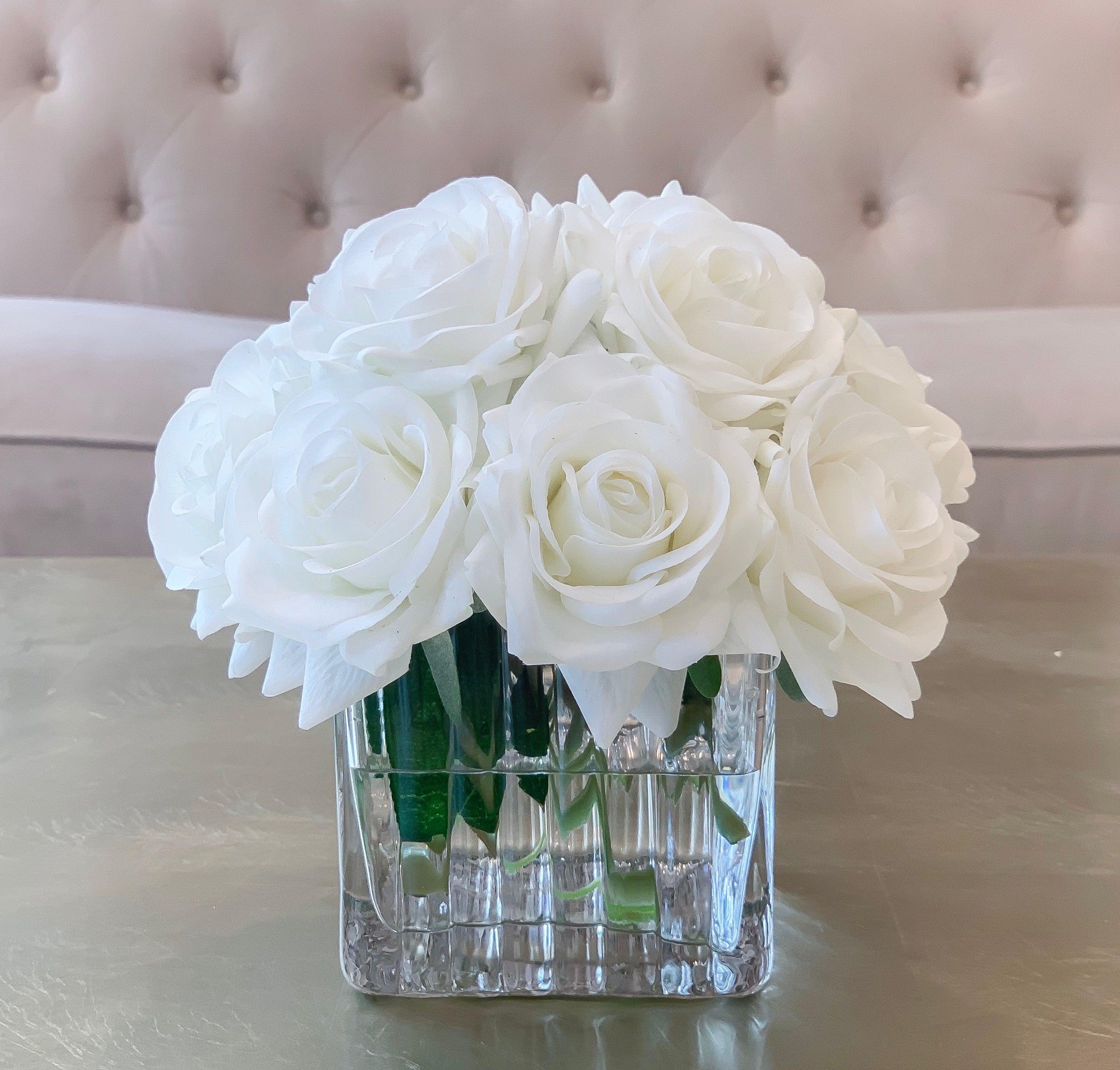 Real Touch White Roses Arrangement In New Design Vase -Artificial Faux Silk Flowers - Centerpiece - Flovery Main image