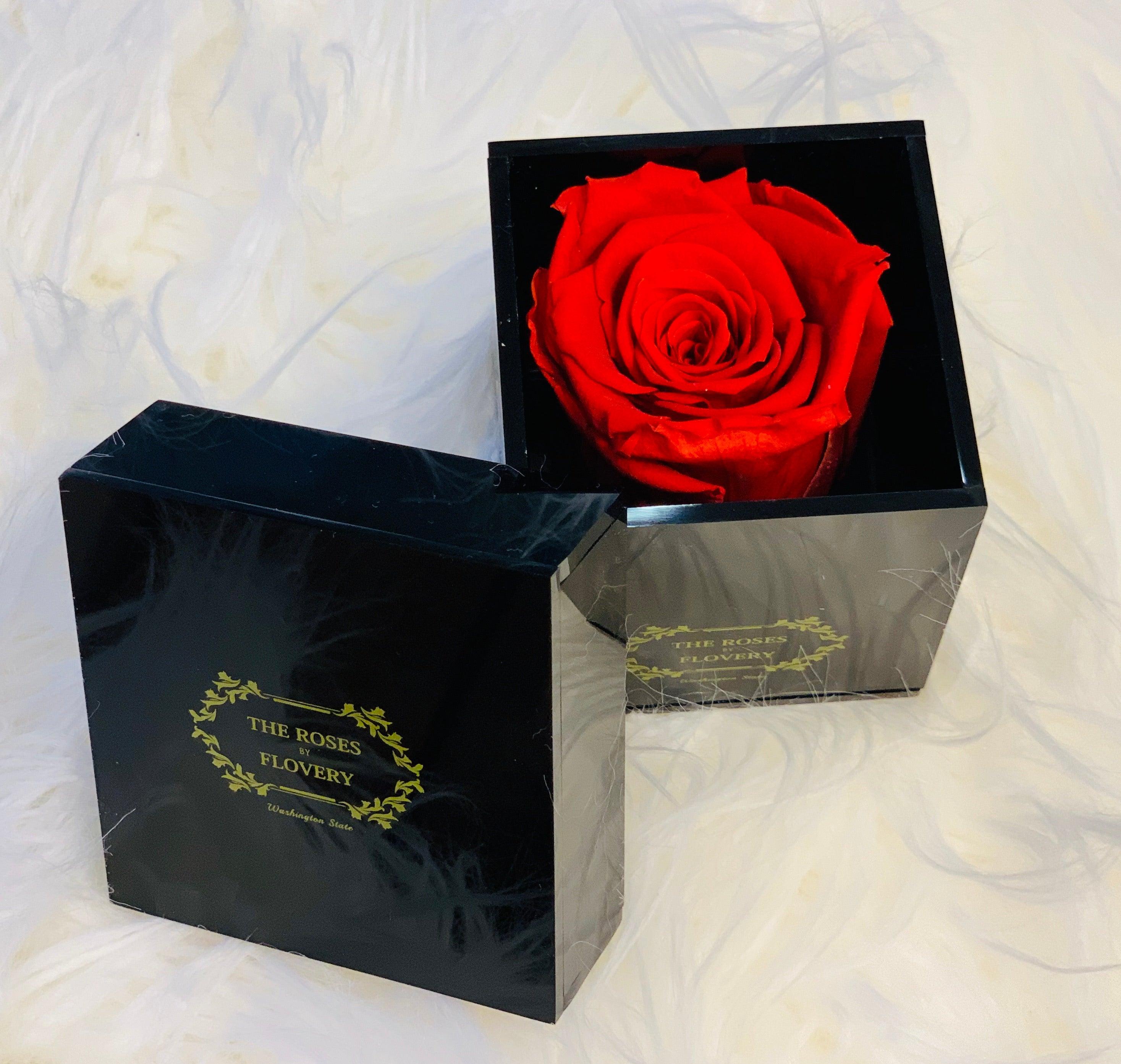 Elegant premium Ecuador preserved red rose in black cube Secondary image