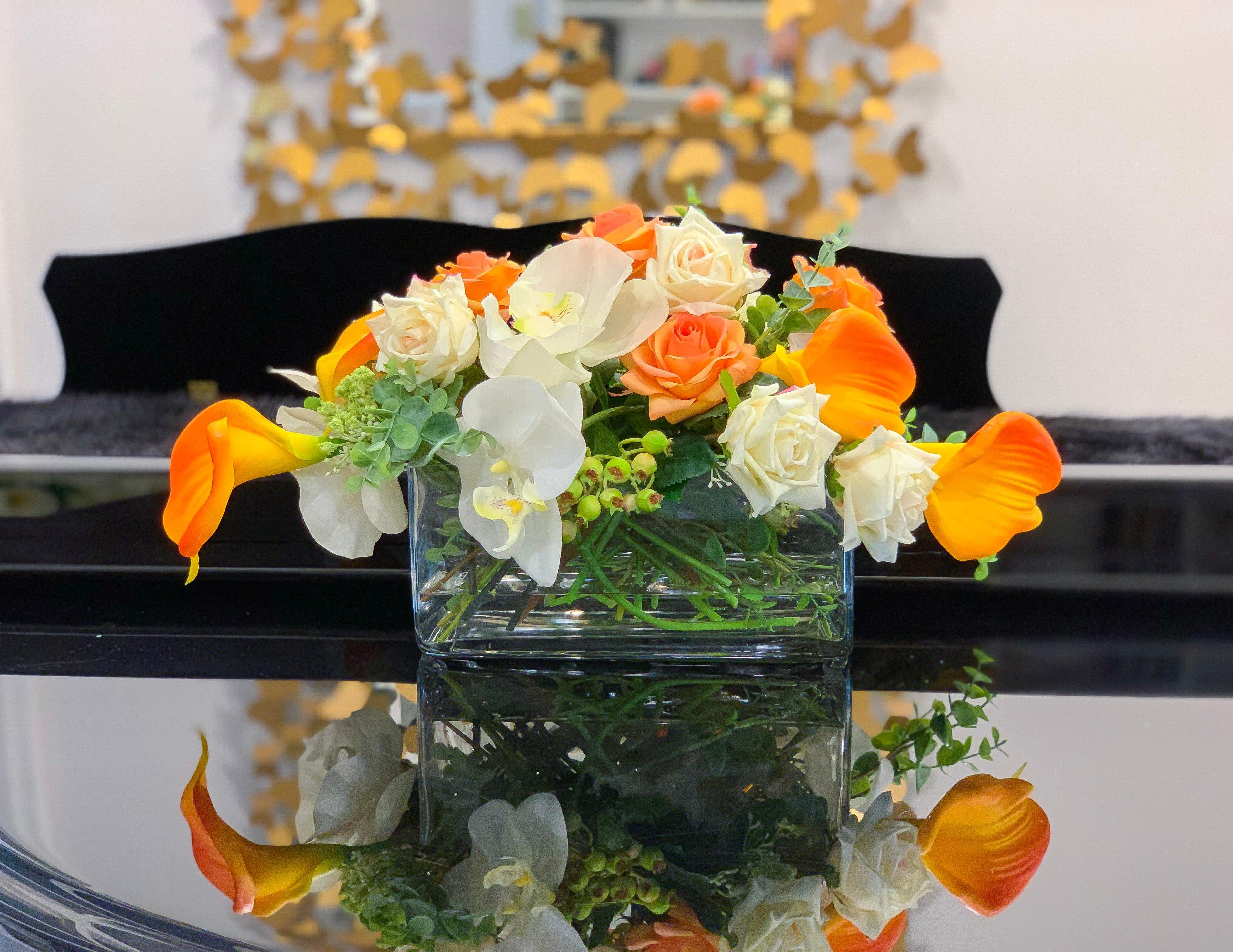 Orange Calla Lily White Rose Orchid Arrangement Secondary image