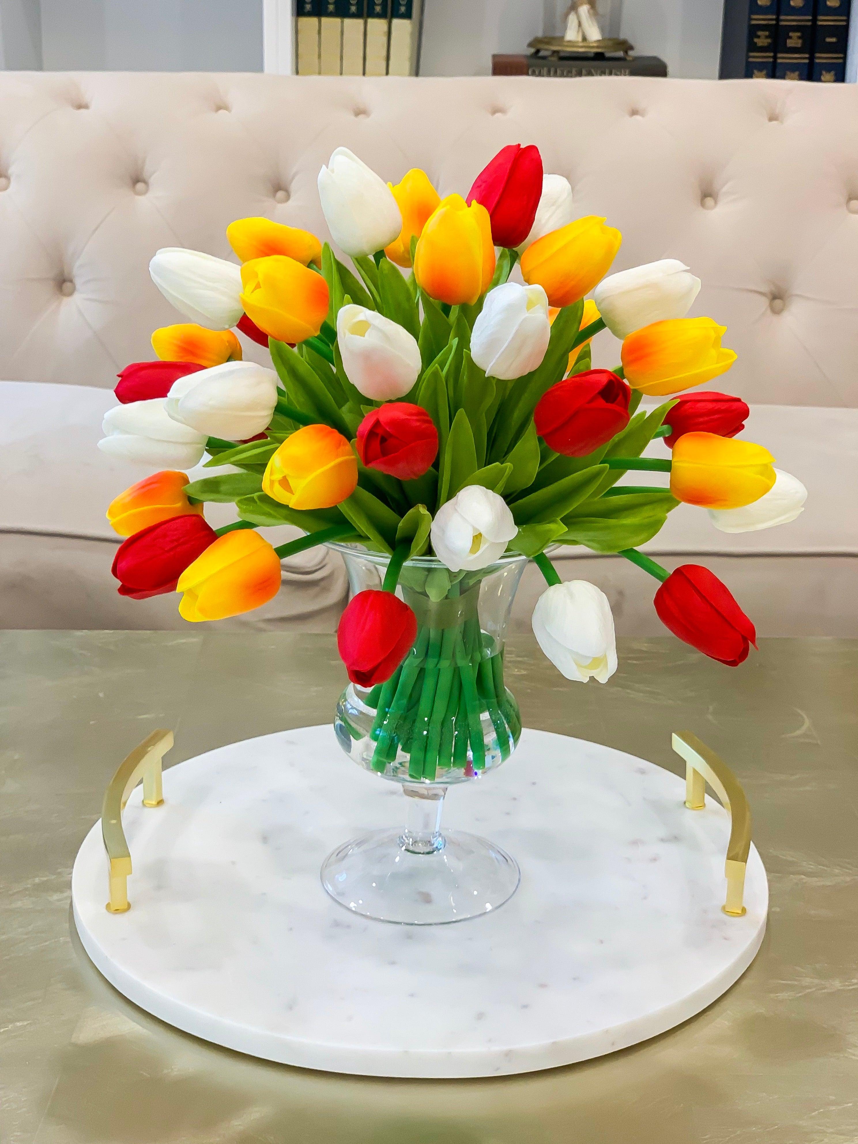 Real Touch Flowers Centerpiece-Real Touch Tulip Arrangement-Faux Tulip Arrangement-Silk Tulip-Red Tulips-White Tulip-Yellow Orange Tulips - Flovery