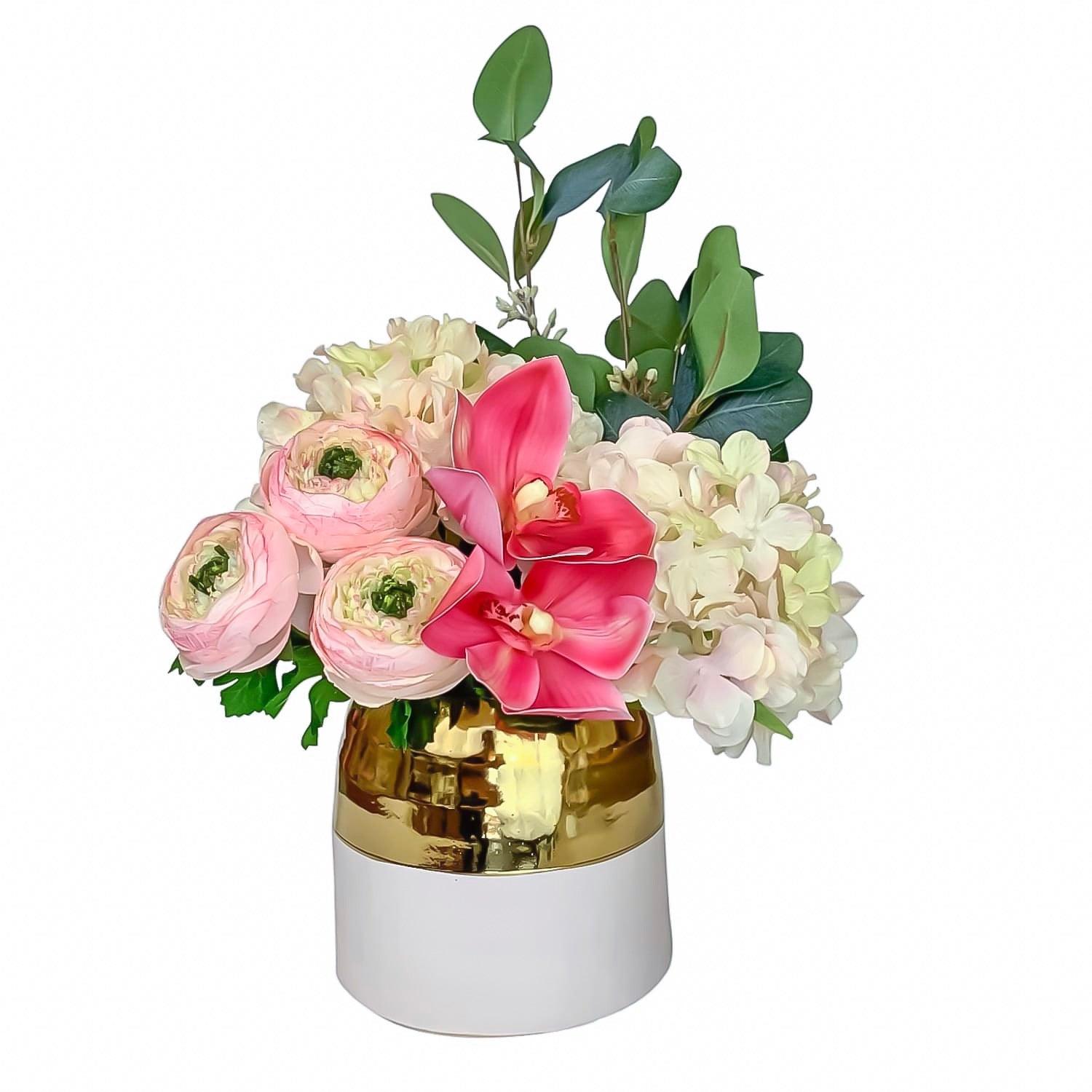 Hydrangea Orchid Ranunculus Arrangement White Gold Vase Secondary image