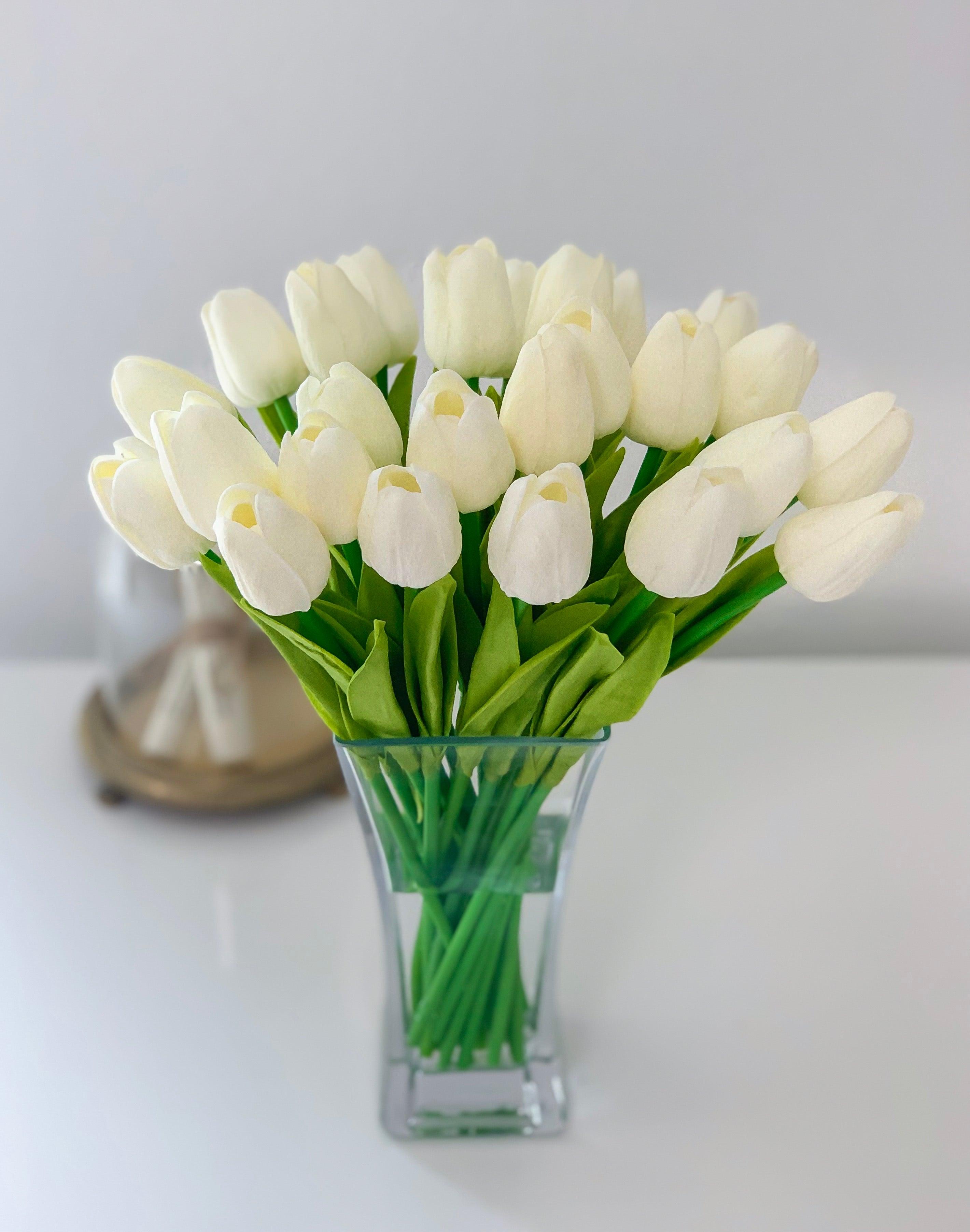 13" Real Touch Tulip-White Tulip Arrangement-Tulip Centerpiece-Floral Arrangement-Faux Flowers-Tulips-White/Offwhite Tulip - Flovery