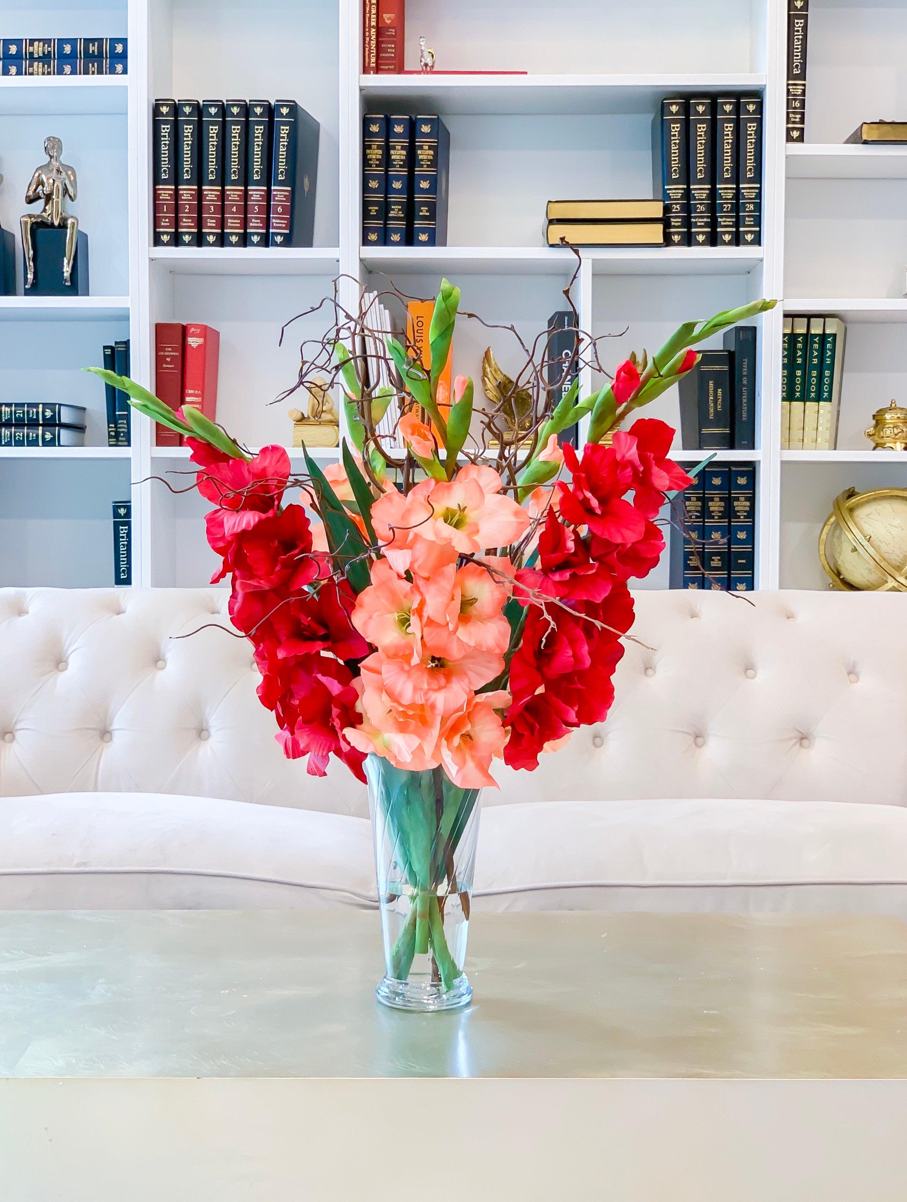30" Large Real Touch Summer arrangement-Gladiola Arrangement-Red-Orange Gladiola- Gladiola Centerpiece-Faux Gladiola-Silk Floral Arrangement - Flovery Main image