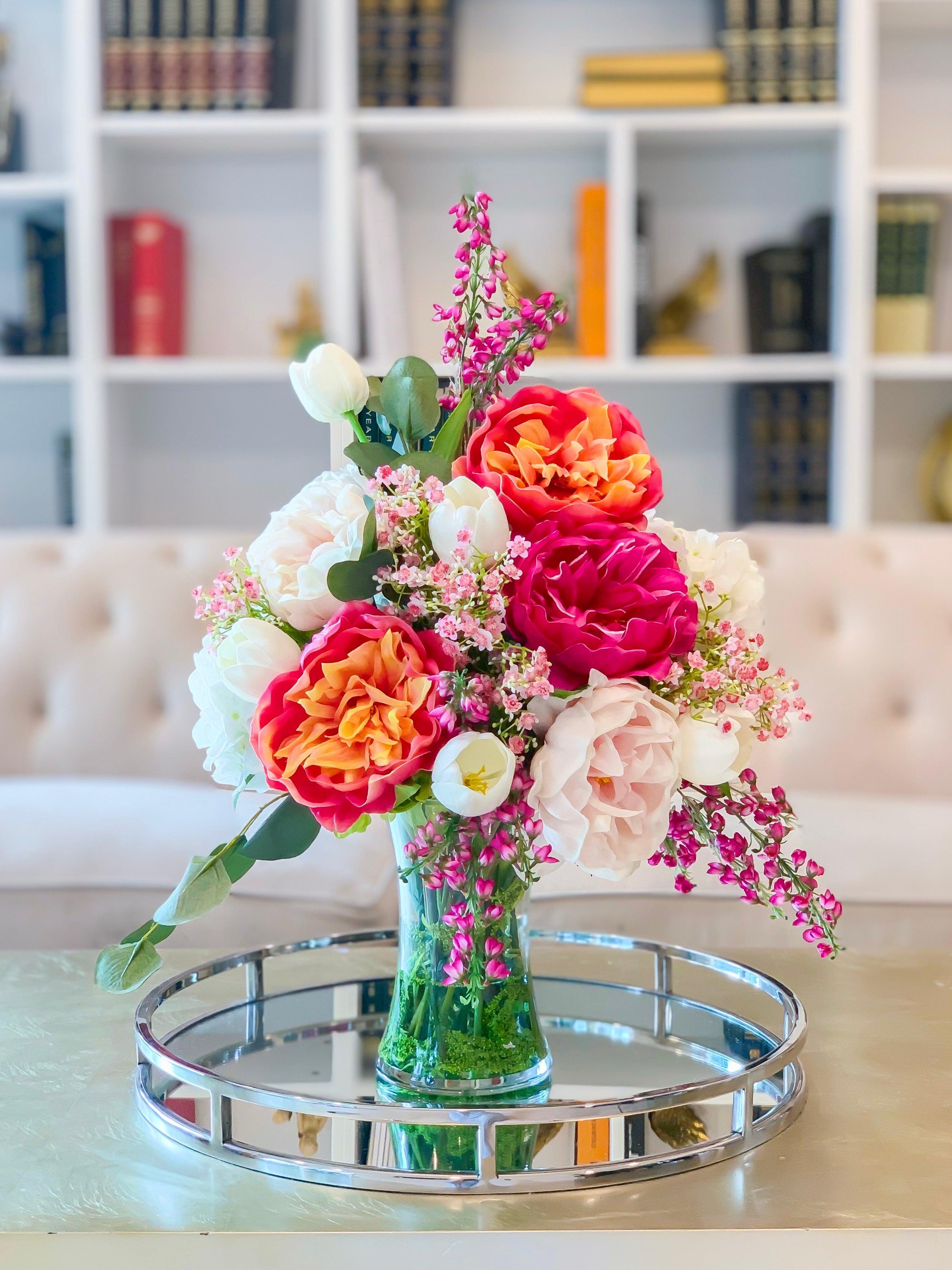 Large Real Touch Flower Arrangement-Large Dining Table Centerpiece-Real Touch Pink/Magenta Peony Centerpiece-Tulip Hydrangea Centerpiece - Flovery