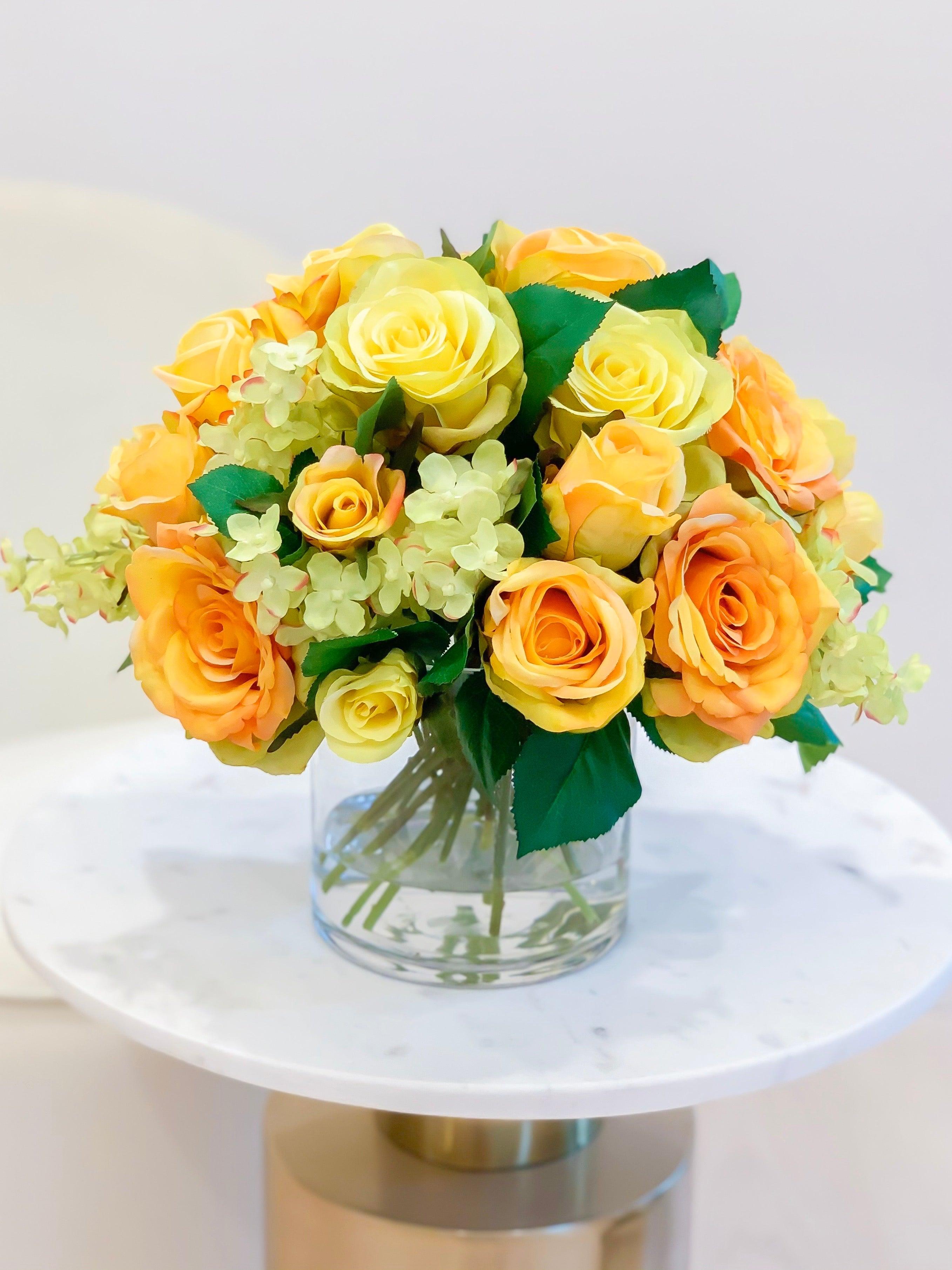Yellow Artificial Arrangement-Silk Arrangement-Yellow Rose-Centerpiece -Faux Flowers Arrangement-Faux Hydrangea -Orange Roses - Flovery Main image
