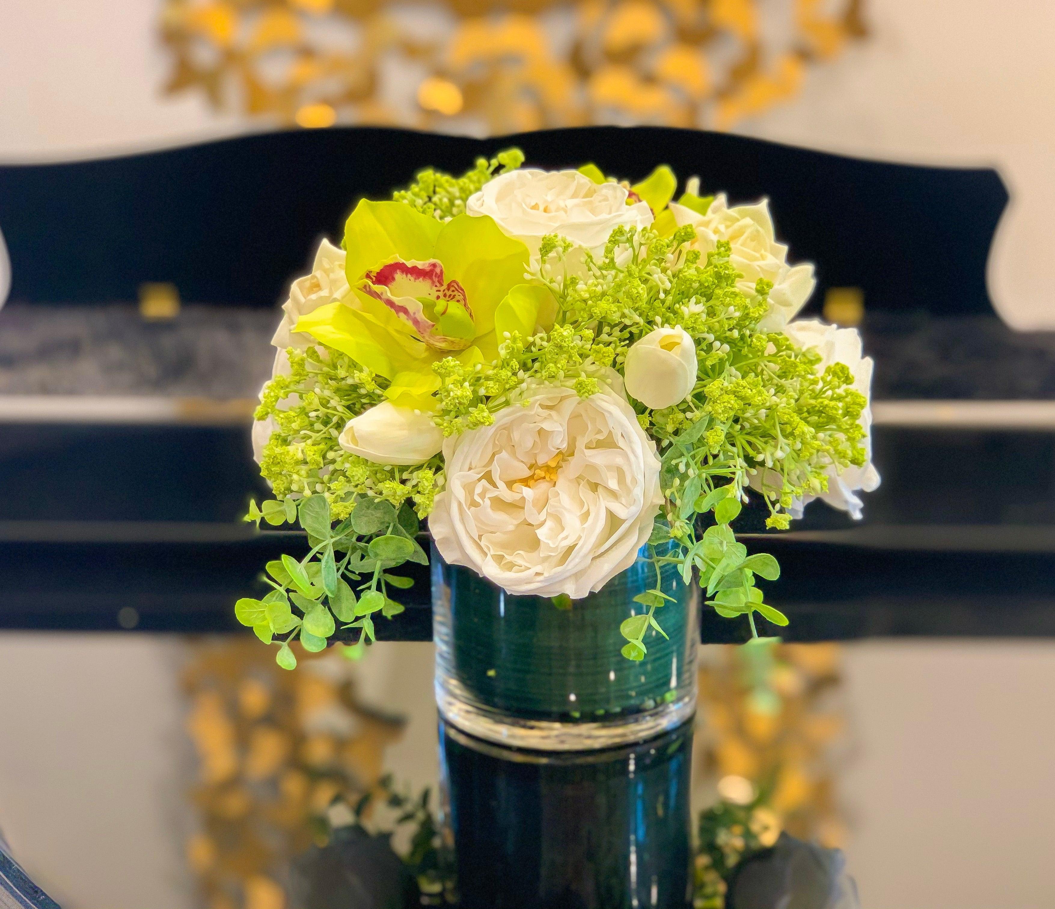 Real Touch White Rose Tulip Green Orchid Arrangement - Faux Flowers Arrangement- Home Decor By Flovery - Flovery
