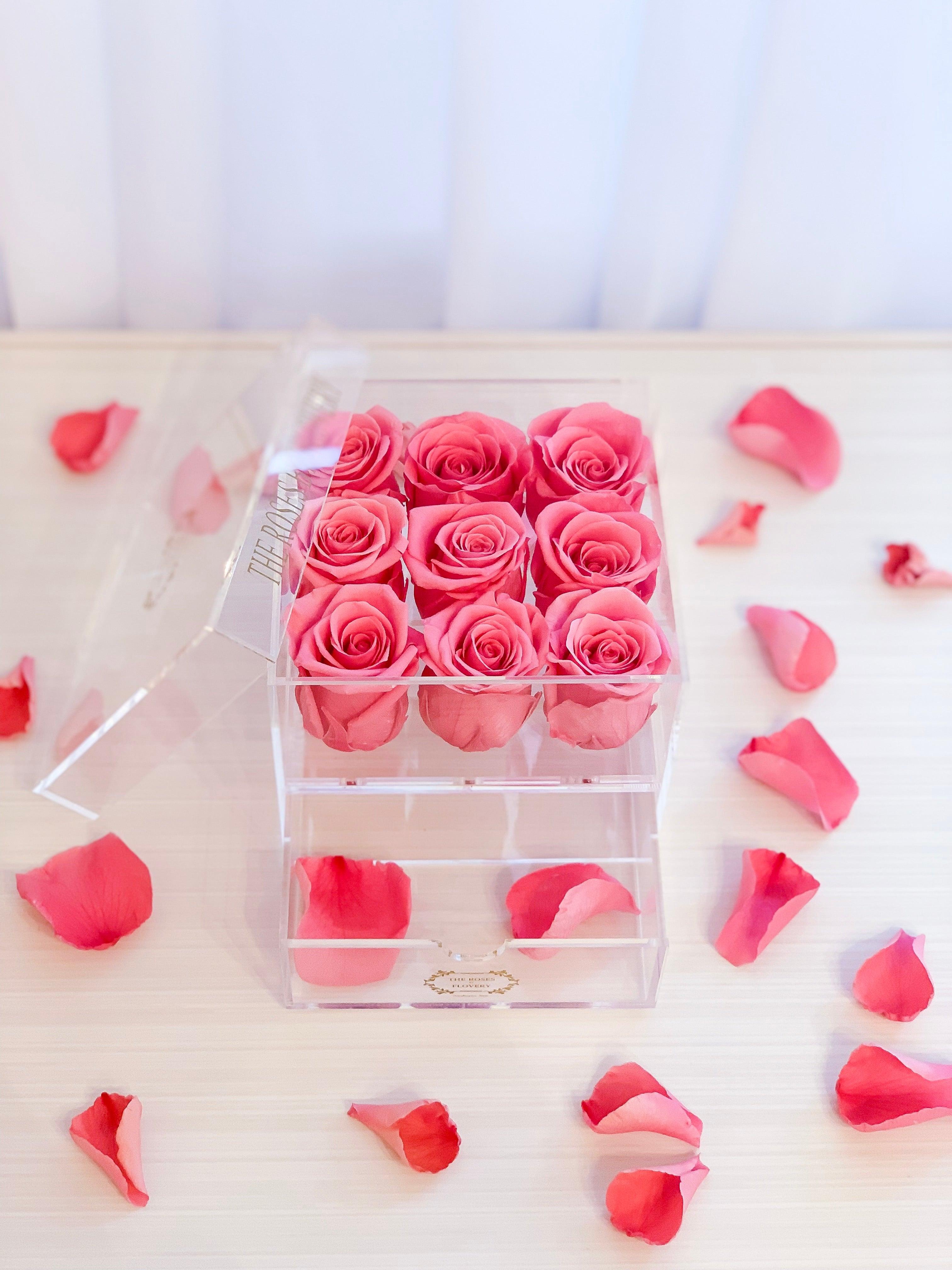 9 PREMIUM ECUADOR PRESERVED SWEET PINK ROSES ARRANGEMENT IN JEWELRY ACRYLIC BOX WITH DRAWER - Flovery