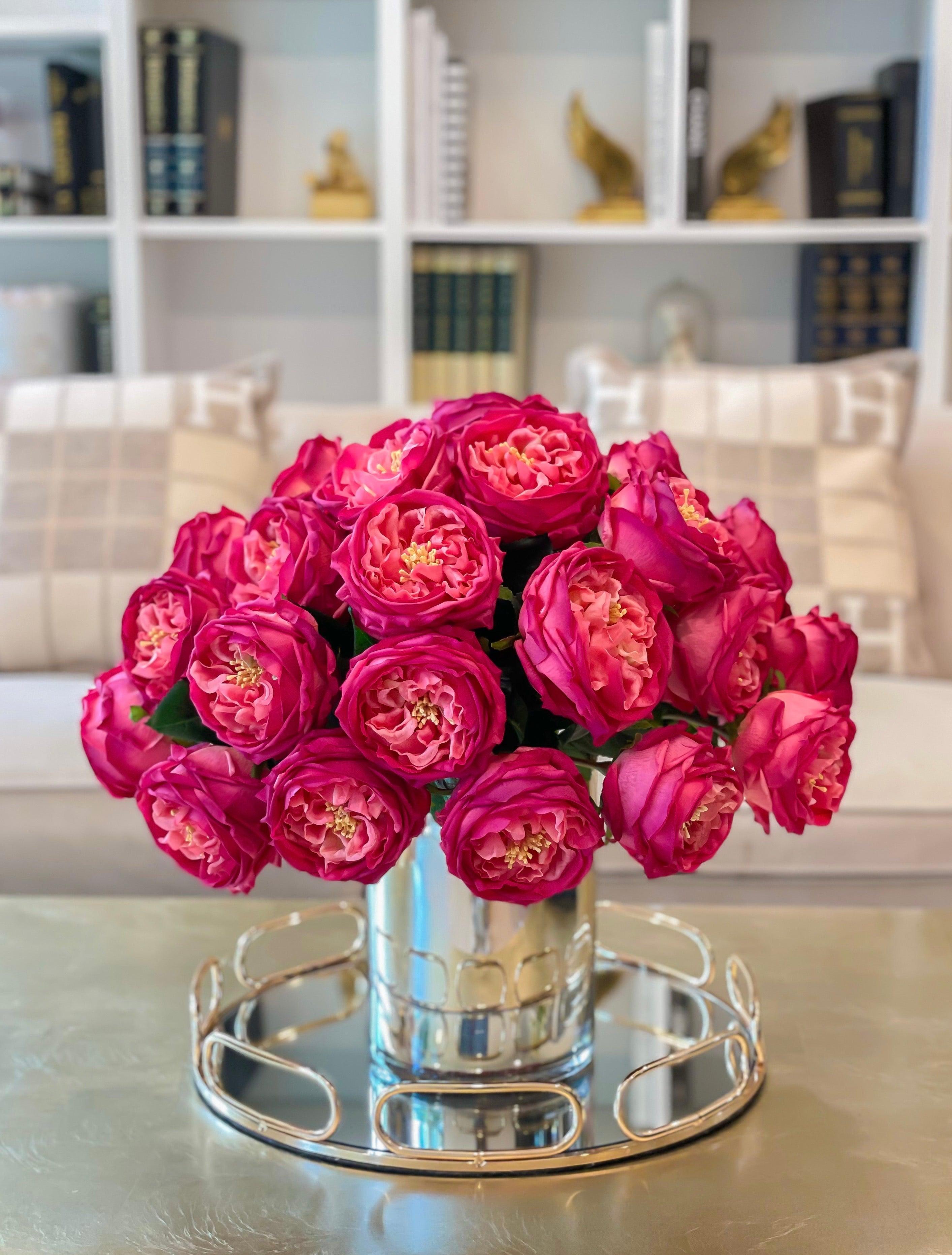 18 inch Large English Rose Centerpiece in Metal Vase - Flovery