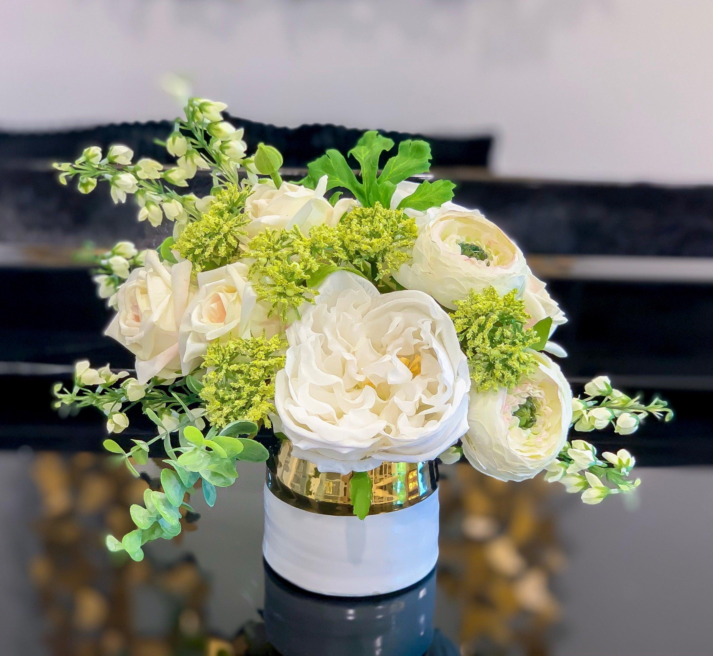 Pure Love Arrangement - Flovery Finest Real Touch Flower In Elegant Glossy Ceramic White Gold Vase - Flovery