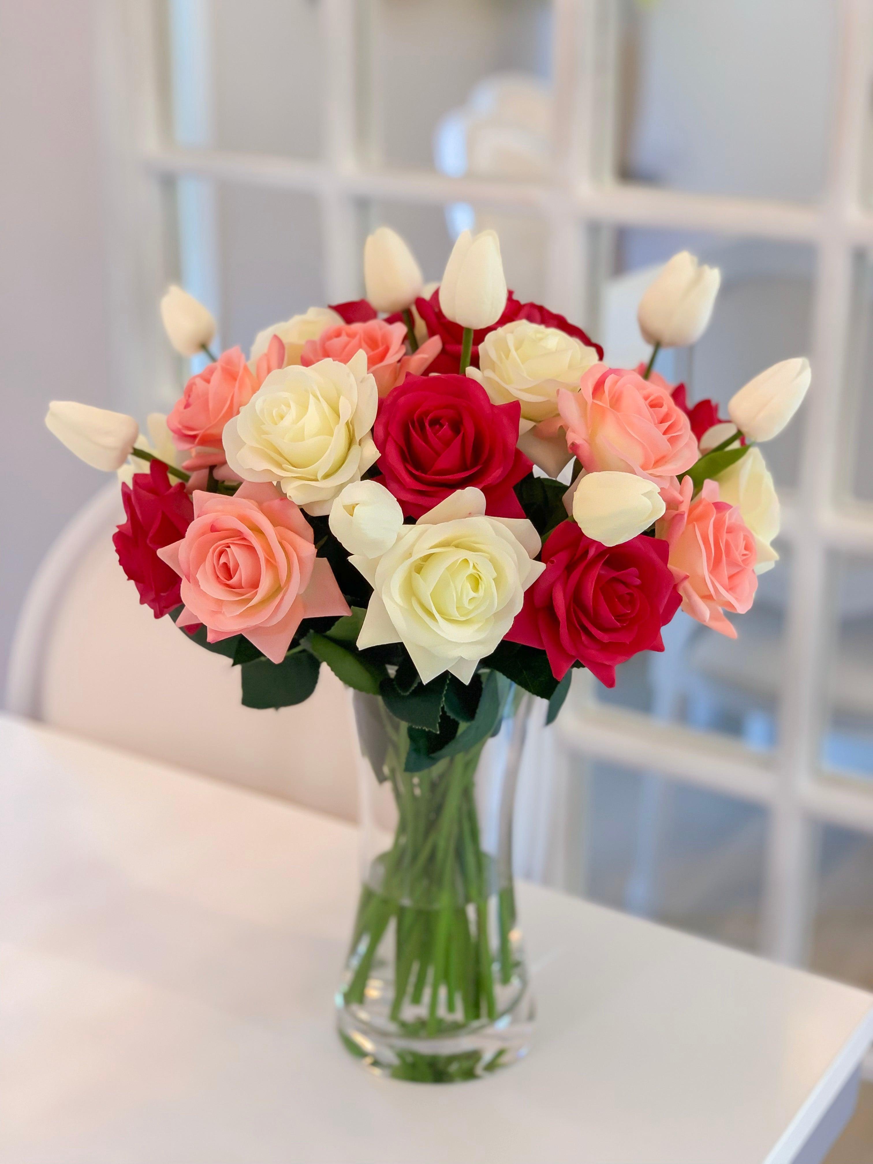 Large Real Touch Flowers Arrangement - Fake Flower - True Touch Roses, Tulip - mixed Colors Roses  - All Occasion - Flovery Main image